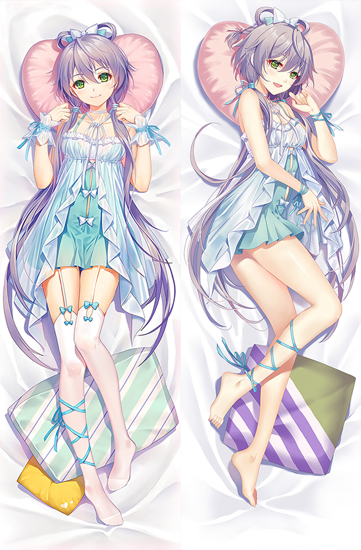 Luo Tianyi dakimakurahoes met lavendelgrijs haar, groene ogen, wit-turquoise outfit, blauwe strikken, geregen linten en pastelkussens.