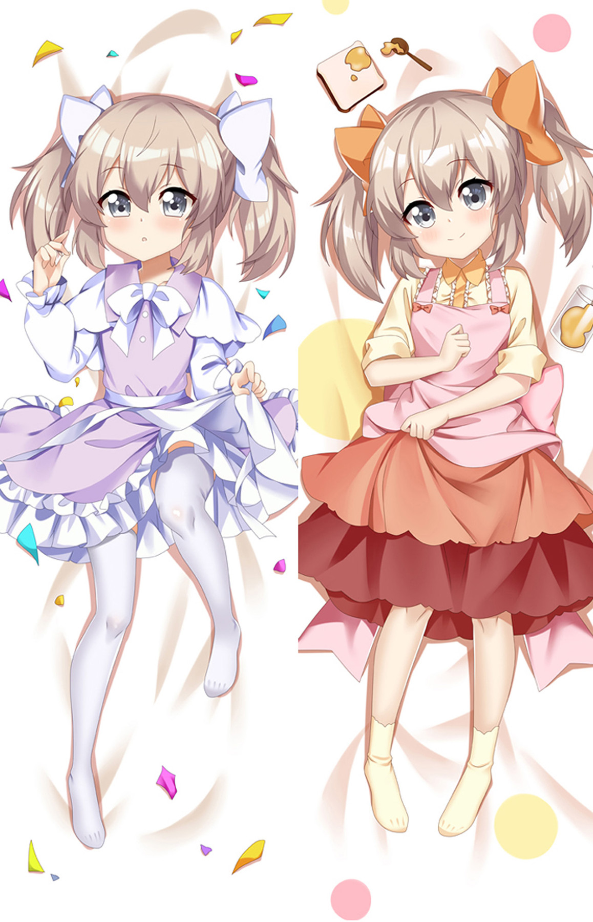 Latina (UchiMusume) dakimakura body pillow case with pale twin-tails, lilac-white dress, orange skirt, pink apron, hair bows, confetti and breakfast motifs.