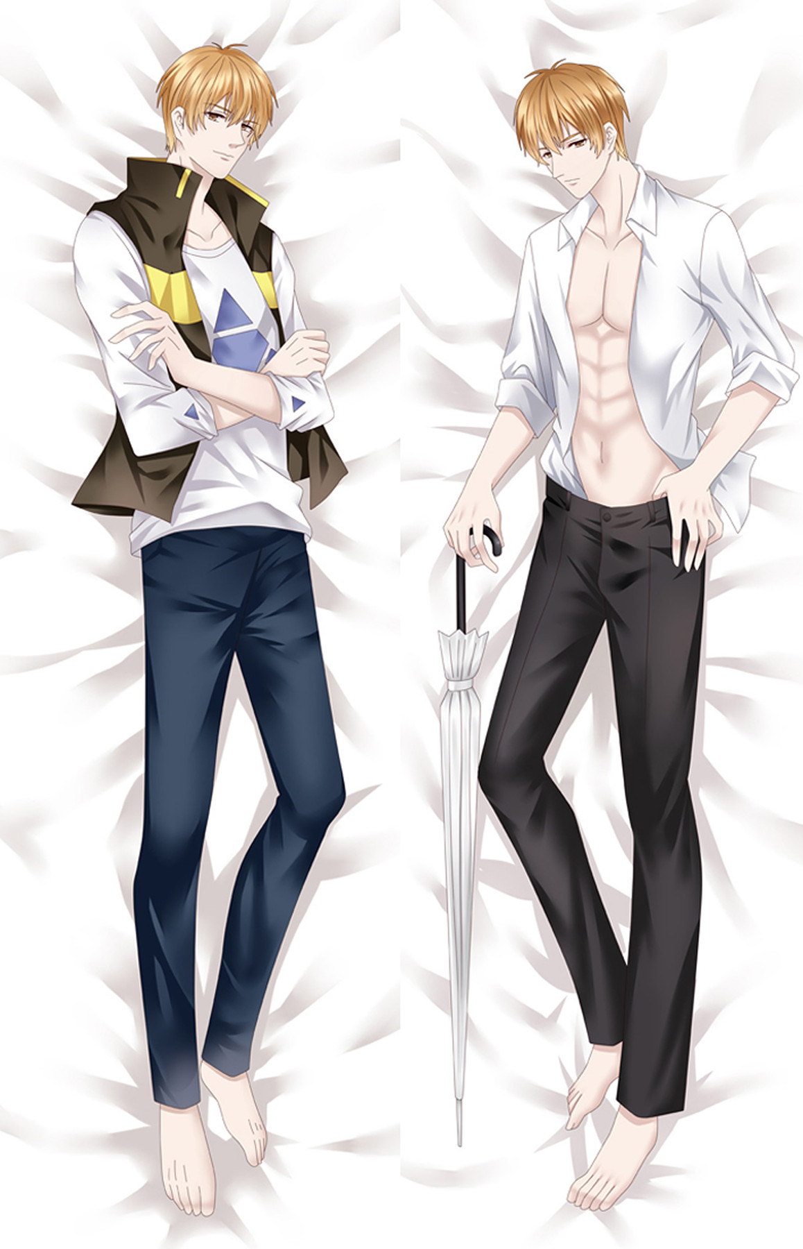 Huang Shaotian dakimakura body pillow case artwork: blond hair, a black-and-yellow sleeveless vest, an open white shirt and a closed white umbrella.