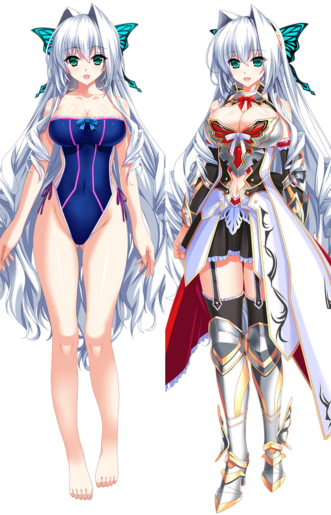 Diseño de dakimakura de Tiana Havel con cabello claro largo, adornos turquesa de mariposa, bañador azul y armadura ornamentada.