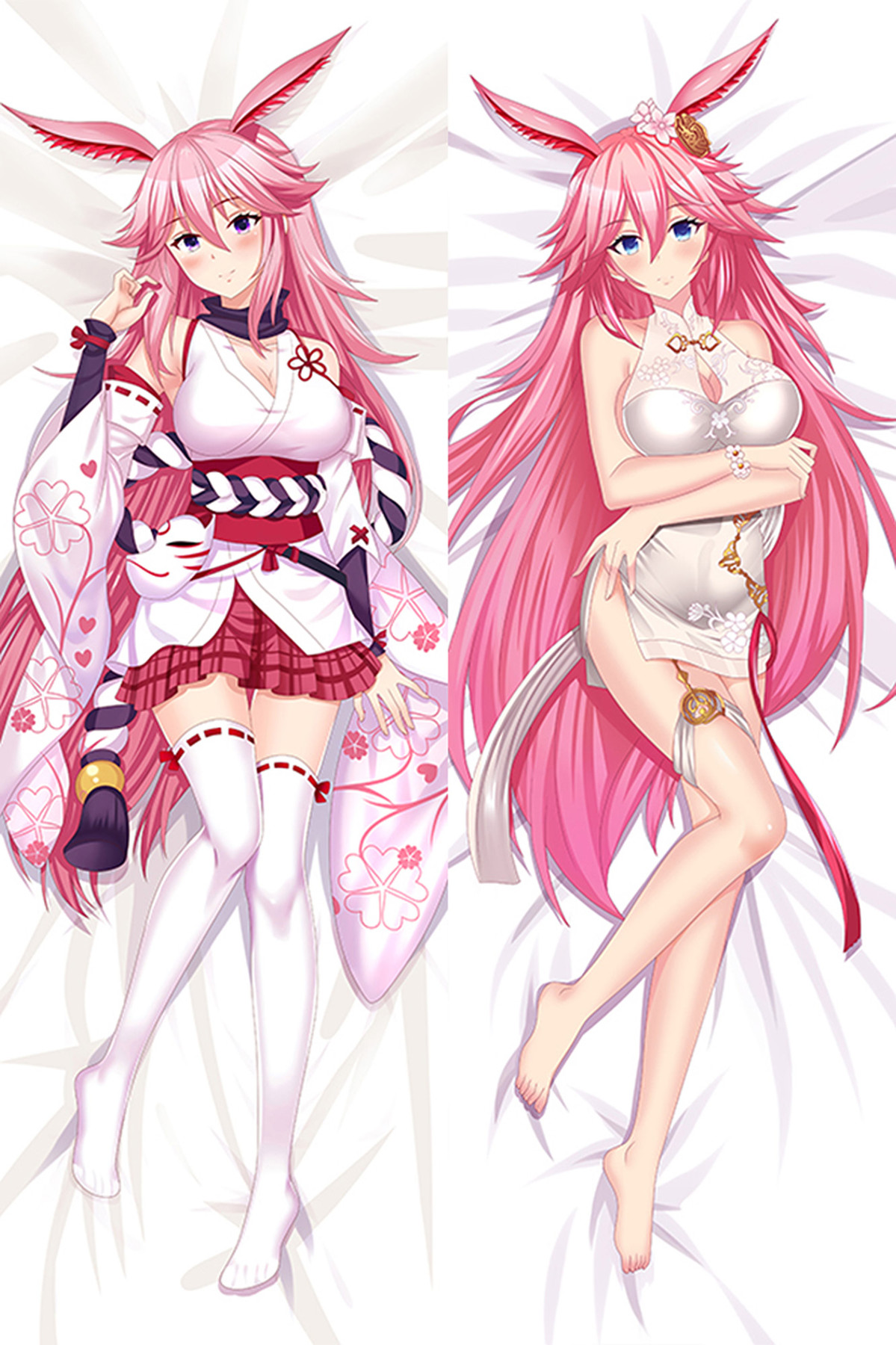 Yae Sakura dakimakura body pillow case with a white and pink shrine outfit and a white floral dress, long pink hair and fox ears.
