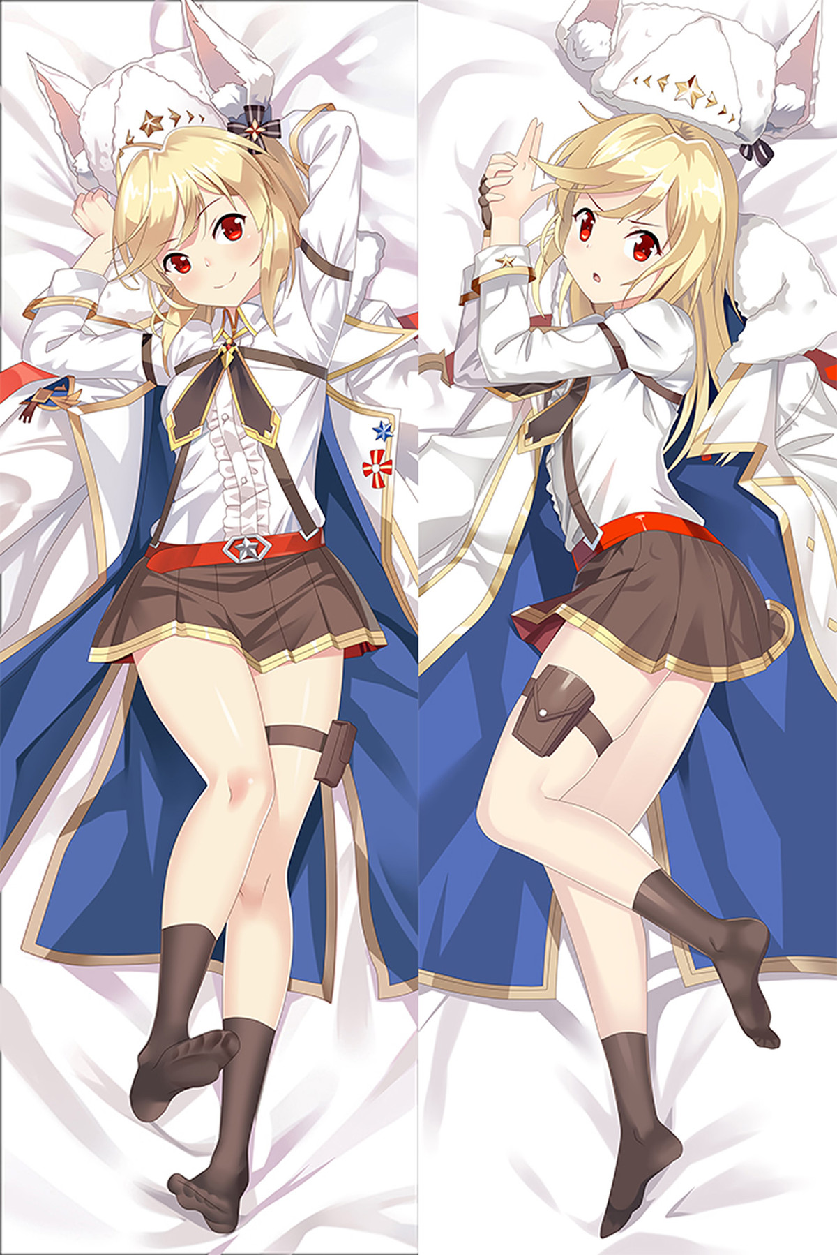 Nagant Revolver dakimakurahoes met blond haar, witte bontmuts, blauwe cape, bruine rok en beenholster.