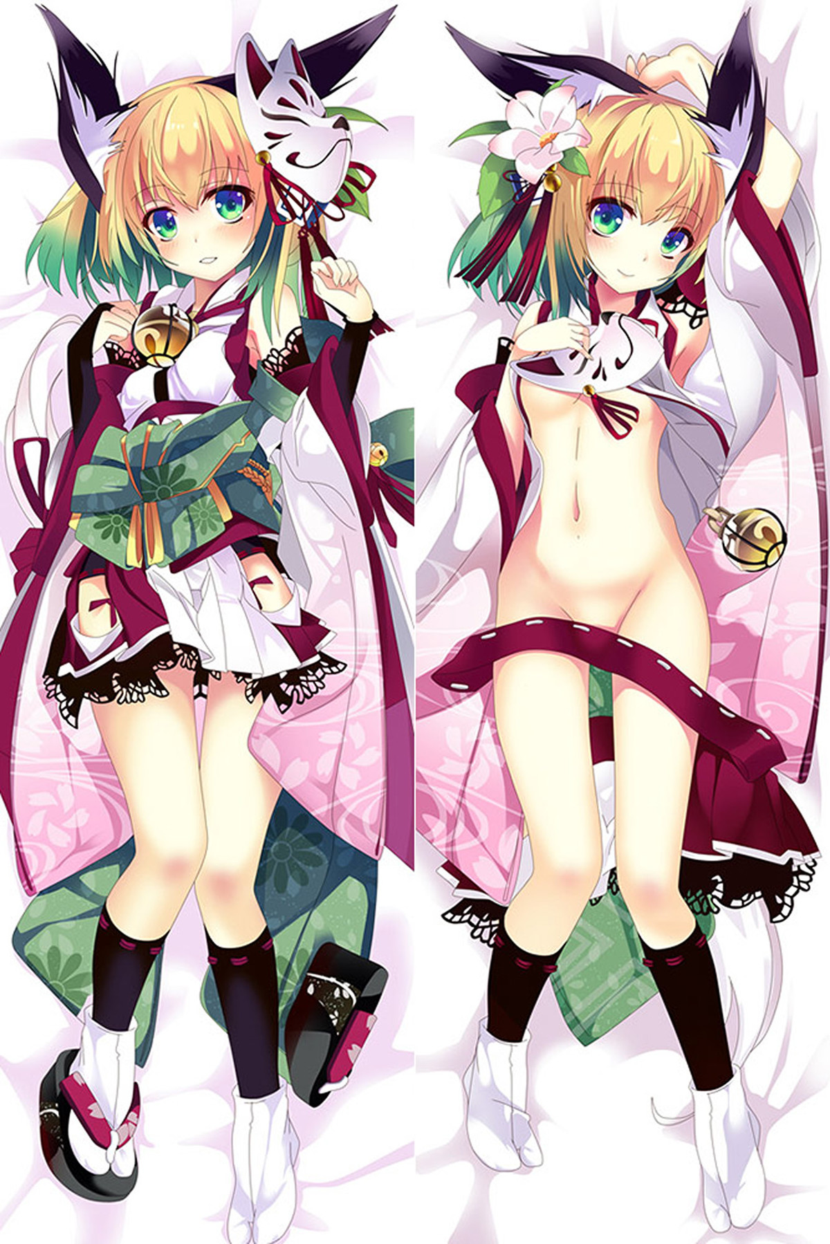 Hanazuki (Azur Lane) dakimakura body pillow case with blond hair, green-blue eyes, floral kimono, green obi, fox mask, gold bells and lily ornament.