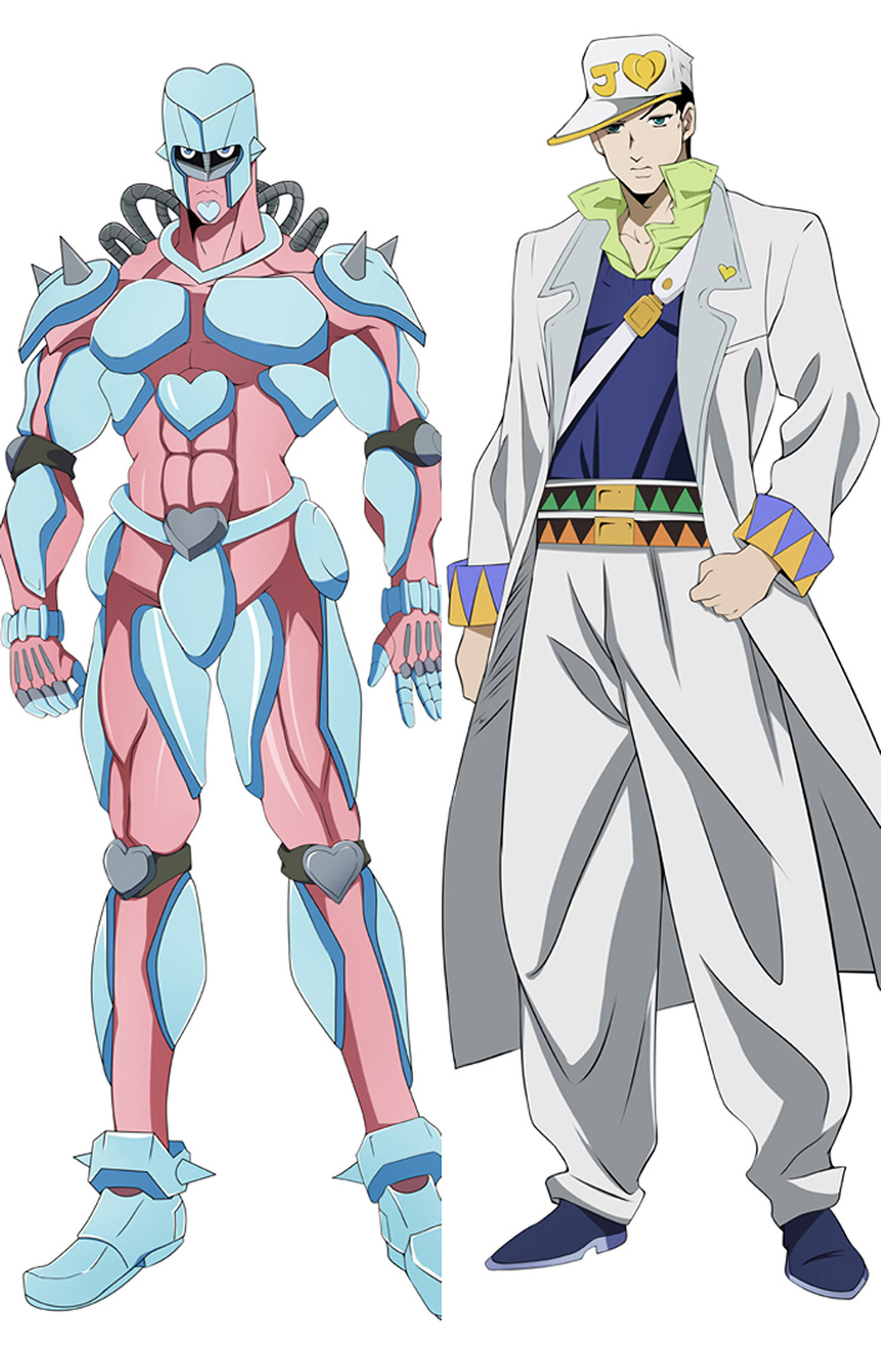 Jotaro Kujo & Crazy Diamond dakimakura body pillow case with Jotaro’s white cap, coat and lime collar beside Crazy Diamond’s pink-blue heart armour.