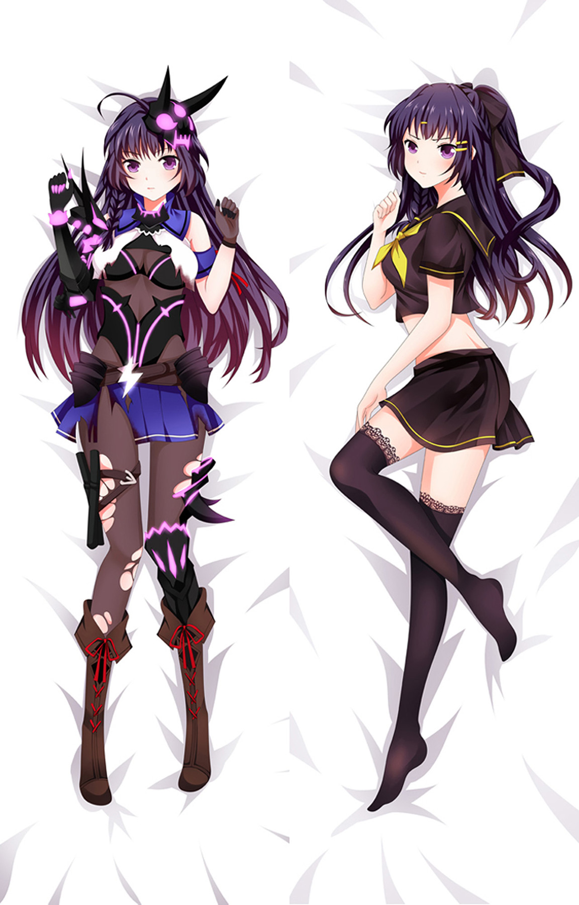 Double-sided Raiden Mei dakimakura body pillow case artwork with a blue skirt and yellow trim.