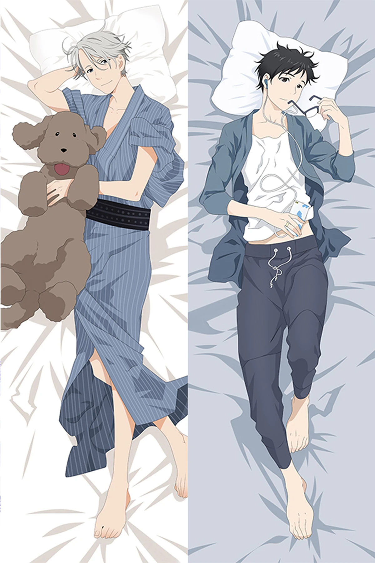 Victor Nikiforov und Yuri Katsuki Dakimakura-Bezug mit blau gestreiftem Gewand, braunem Plüschhund und blauer Jacke.
