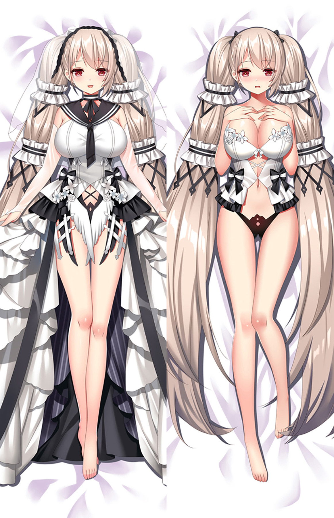 Formidable dakimakurahoes met lange lichtblonde staarten, rode ogen, zwart-witte ruches, lintstrikken, gelaagde rok, korsetstijl en blote voeten.