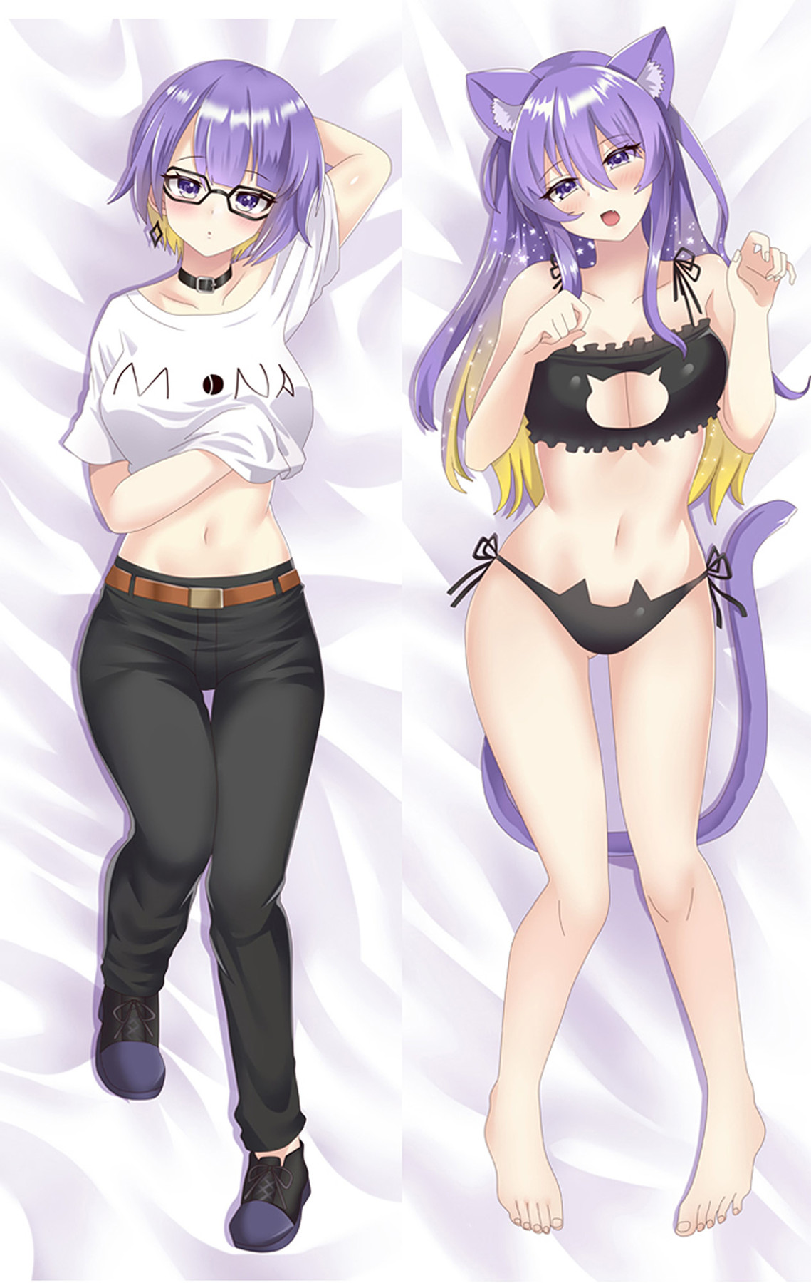 Moona Hoshinova dakimakura body pillow case with purple hair with yellow tips, violet eyes, glasses, white printed shirt, black trousers and cat outfit.