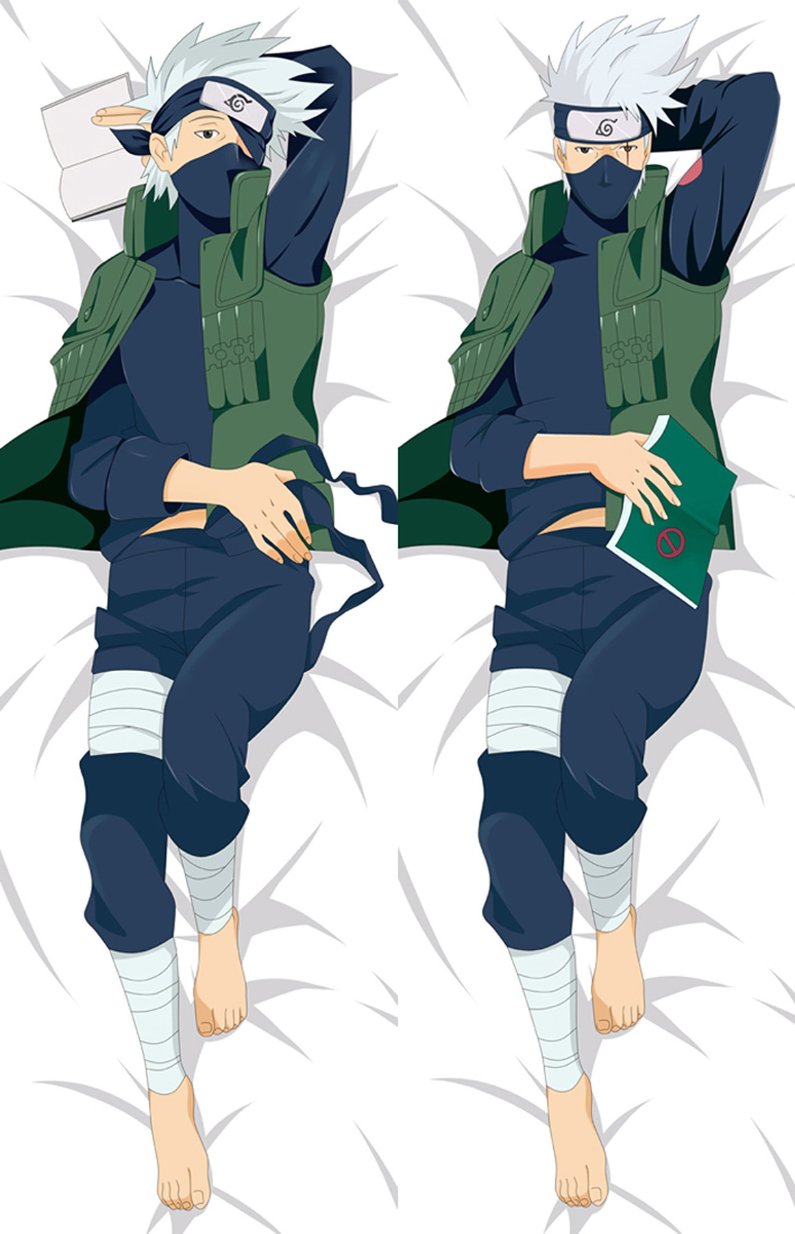 Kakashi body pillow case artwork with a Leaf headband, face mask, green vest and dark outfit, shown in two poses with a book.