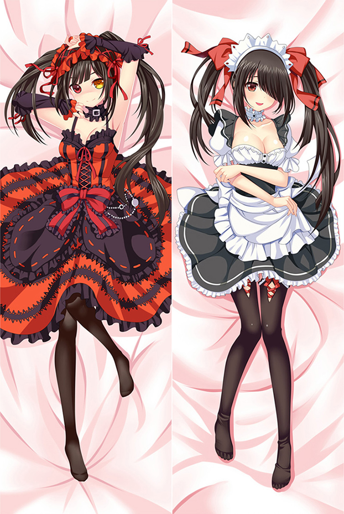 Kurumi Tokisaki: Vestido gótico naranja y negro, traje de doncella blanco y negro, delantal y lazos rojos.