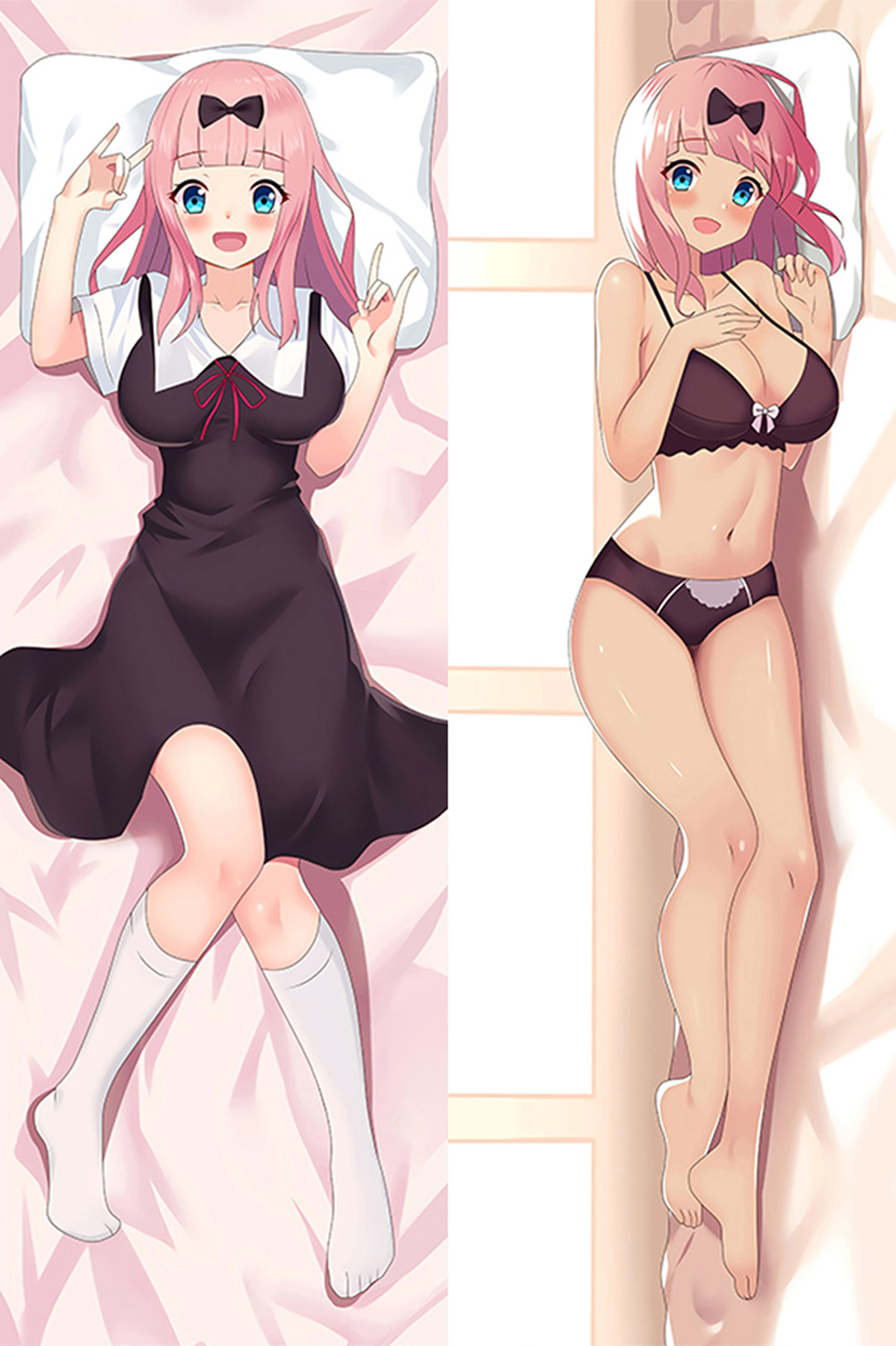 Chika Fujiwara: White-collared black dress, red ribbon, pink hair, blue eyes, black bow and warm window backdrop.