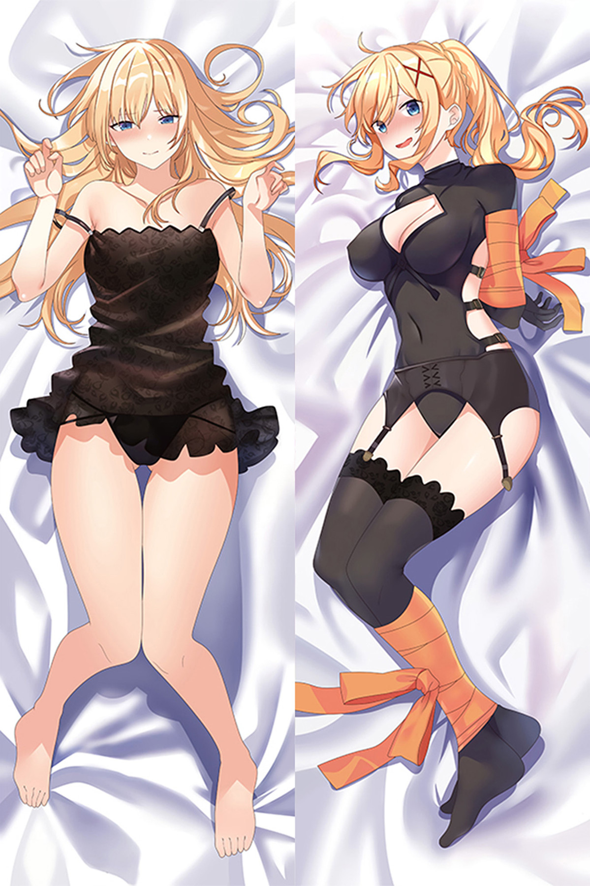 Darkness op een dakimakurahoes: lang blond haar, blauwe ogen, zwarte jurk met patroon aan de ene kant en donkere body met oranje accenten aan de andere.