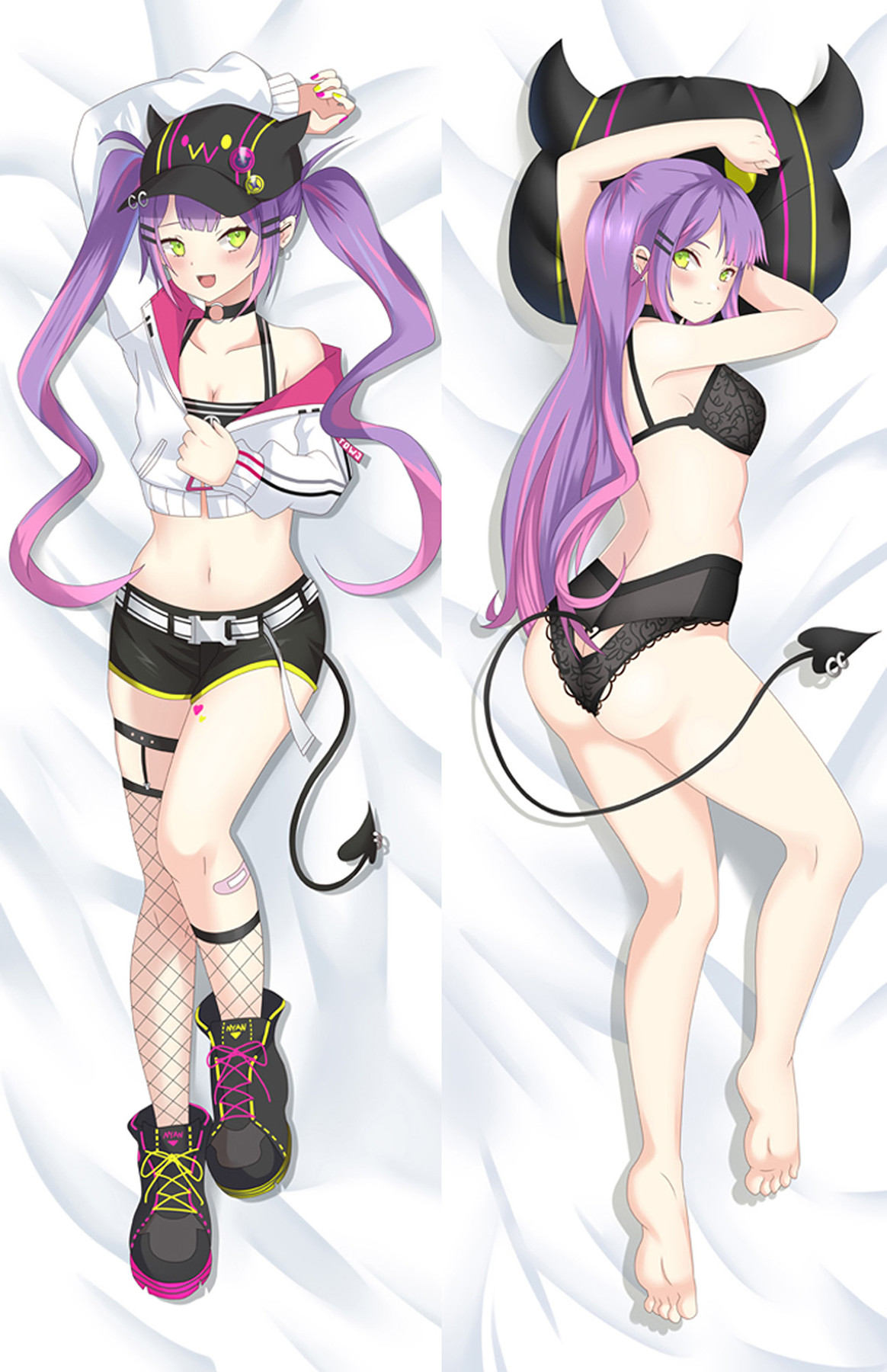 Tokoyami Towa dakimakura artwork: Her purple and pink twin-tails, green eyes and devil tail stand out beside a black cap, white cropped jacket and black shorts, with a dark lace outfit in the reverse view.