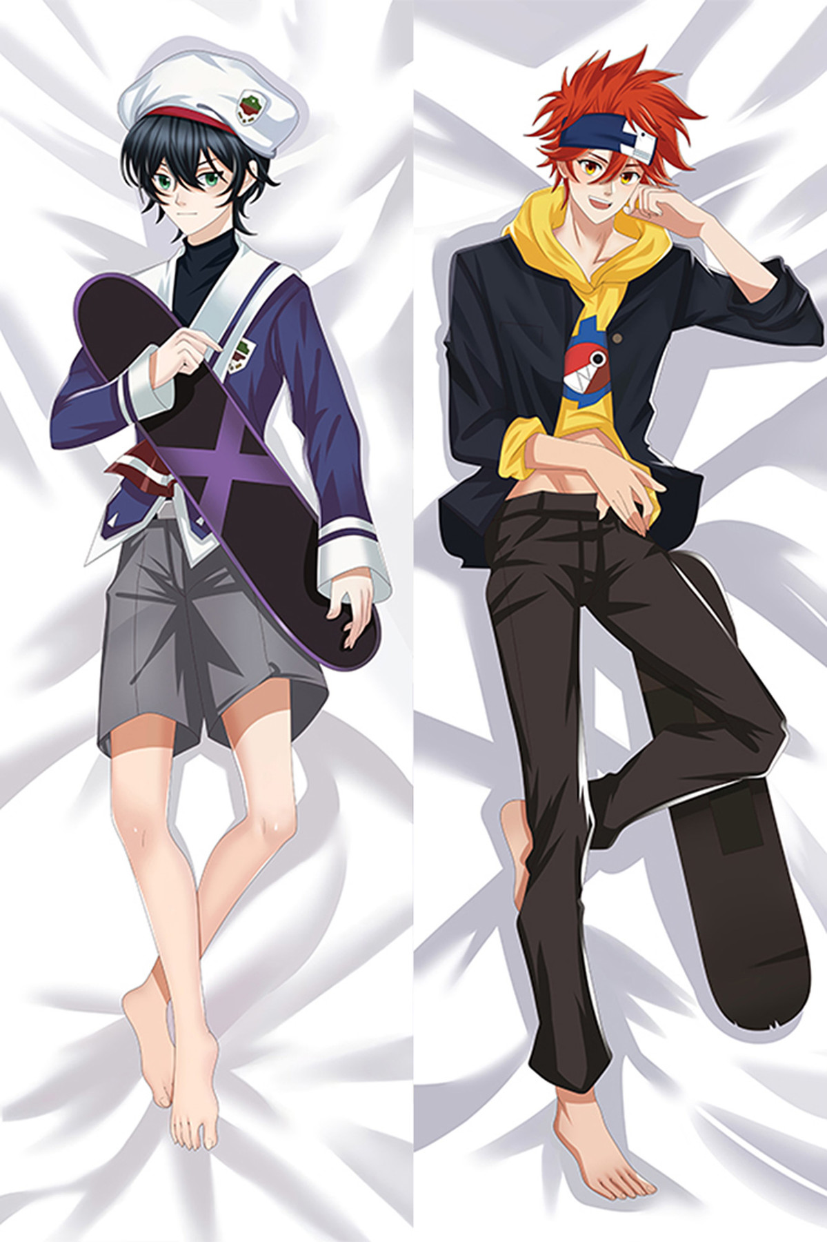 SK8 the Infinity dakimakura cover with Miya Chinen in a purple jacket and grey shorts, and Reki Kyan in a yellow hoodie and dark jacket, with skateboards.