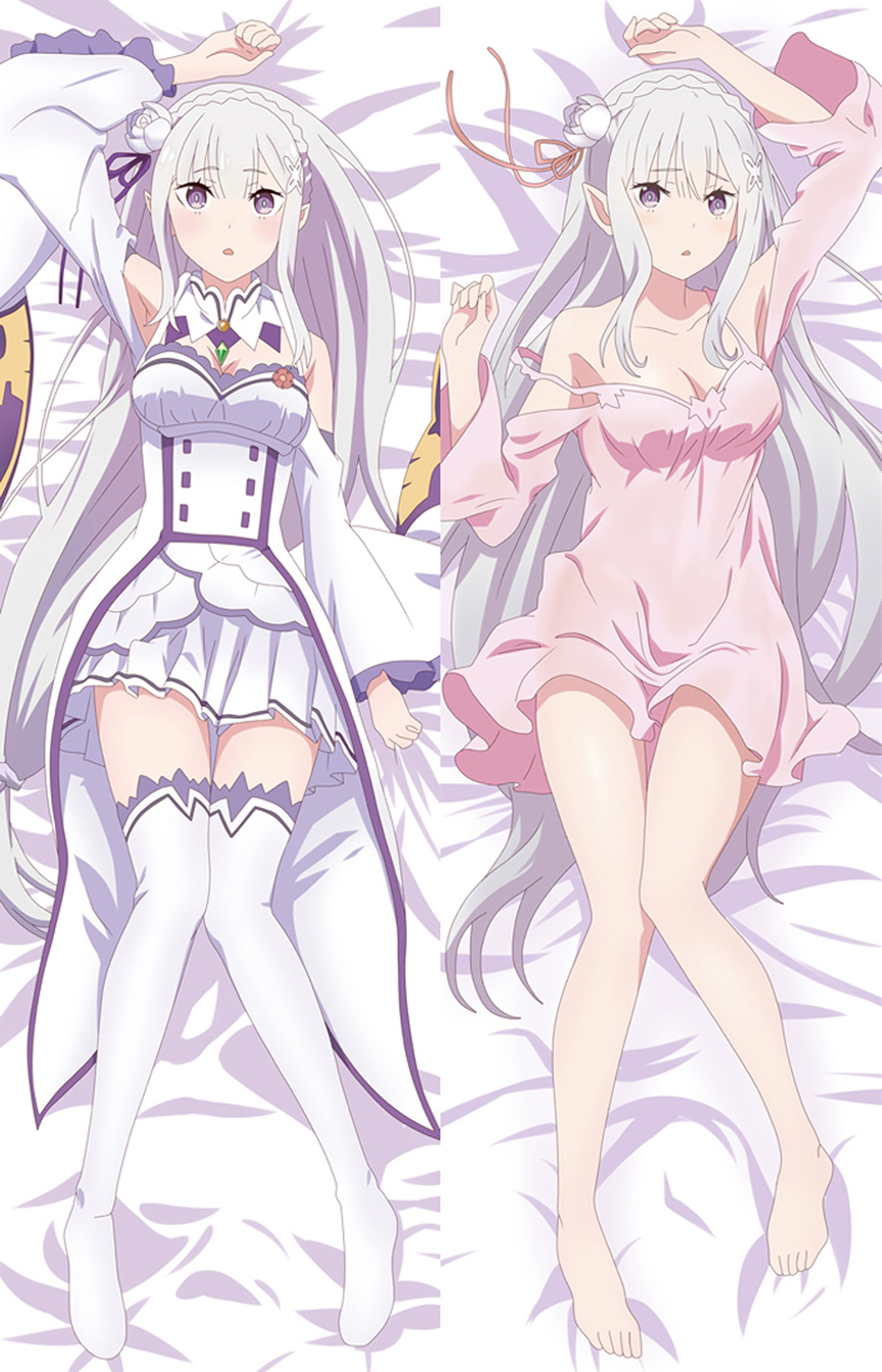 Dubbelzijdige illustratie van de Emilia dakimakurahoes met een wit kostuum en roze nachtkleding.