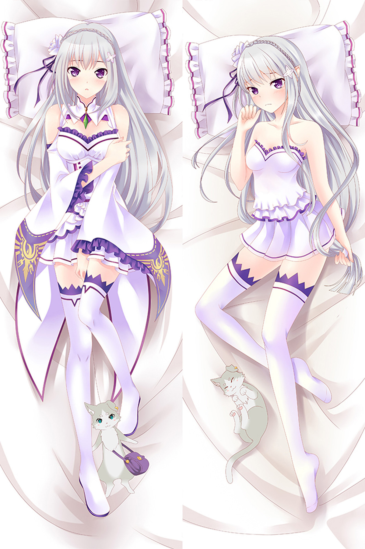 Emilia in witte en paarse outfits met ruches, lichte kousen en een kleine kat op een dakimakurahoes.
