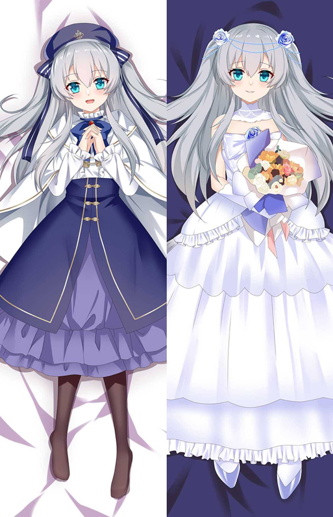 Celia Claire op een dakimakurahoes in een blauwe jurk met baret en een witte trouwjurk met bruidsboeket.