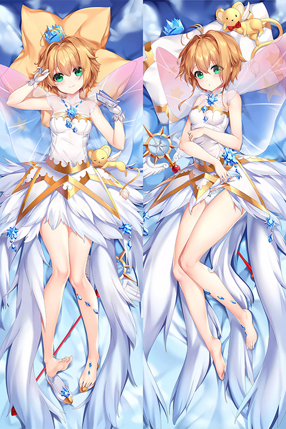 Sakura Kinomoto dakimakura artwork with green eyes, blue crystal ornaments and a white and gold costume.