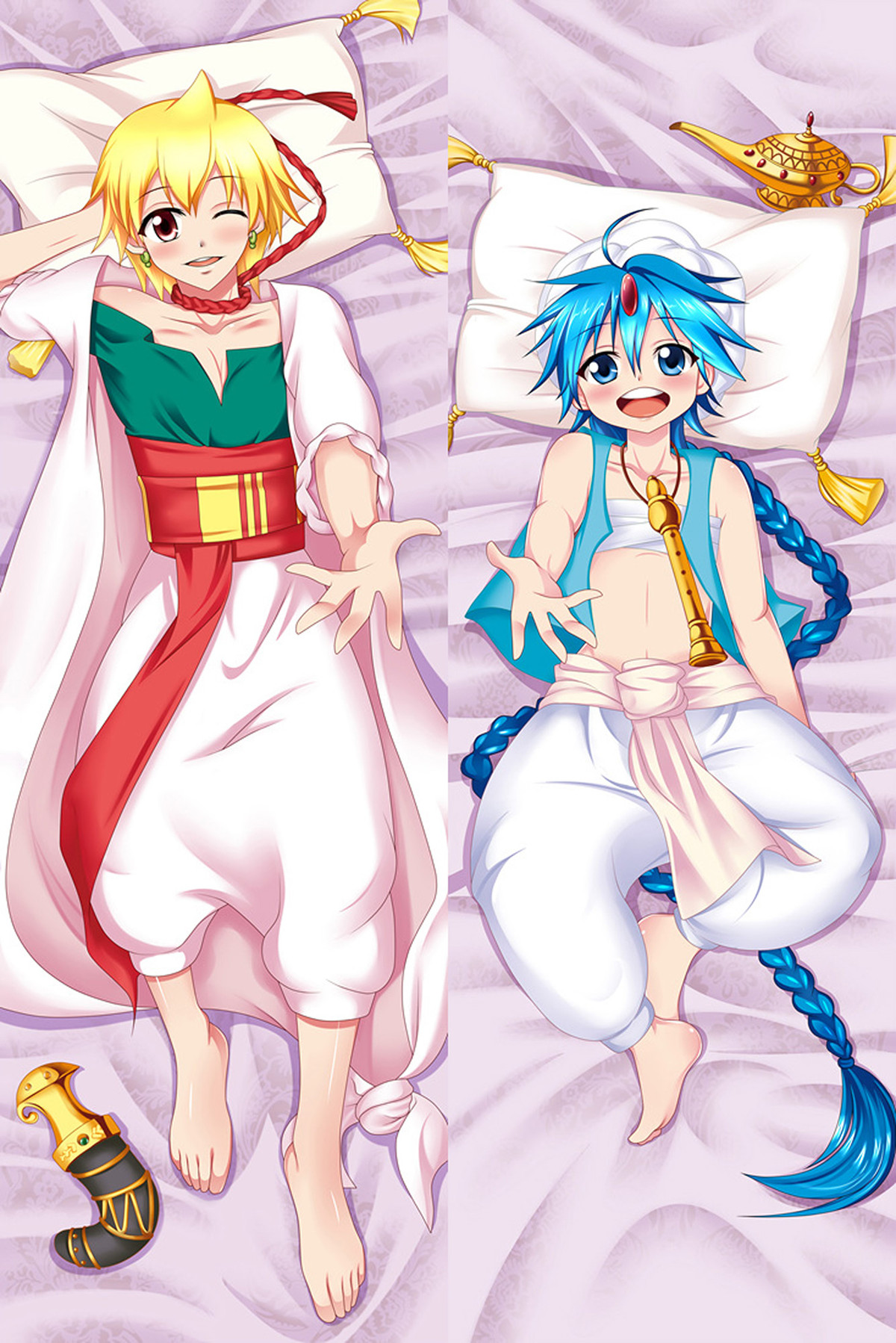 Magi dakimakurahoes met Alibaba in een wit gewaad met rode sjerp, en Aladdin met blauw vest, witte hoofddoek en broek, lange blauwe vlecht en fluit.