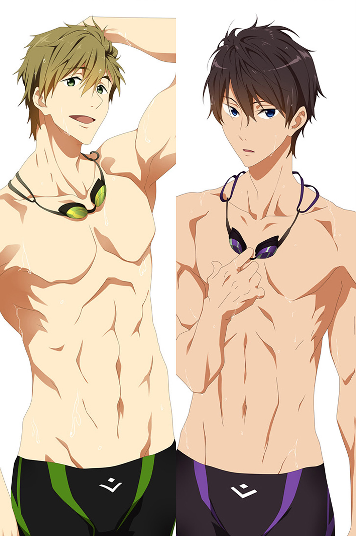 Housse de dakimakura Free! avec Makoto Tachibana en maillot et lunettes de natation aux accents verts, et Haruka Nanase avec des accents violets.
