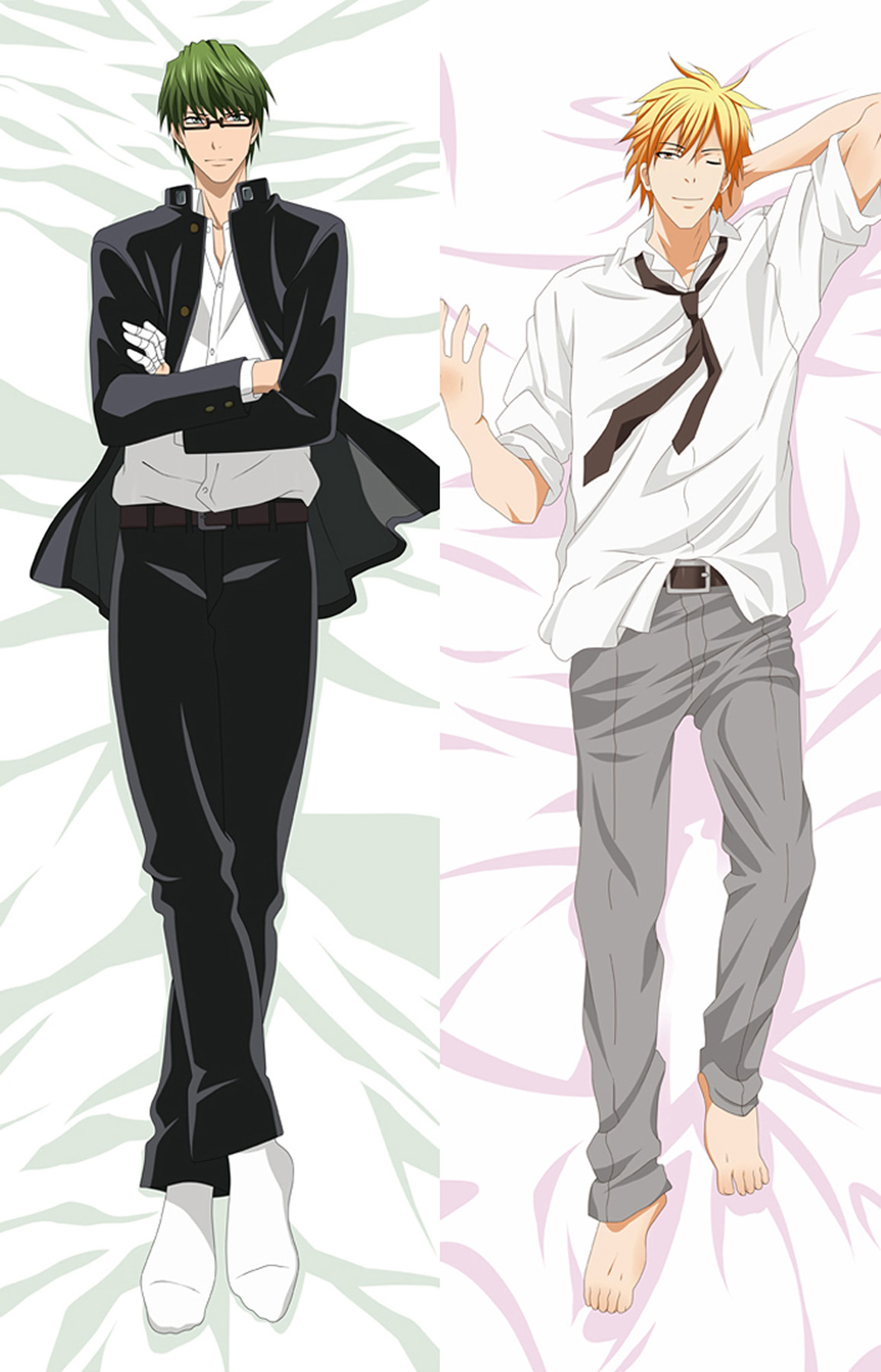 Funda de dakimakura de Kuroko’s Basketball con Shintaro Midorima con gafas y chaqueta oscura, y Ryota Kise con camisa blanca y corbata suelta.