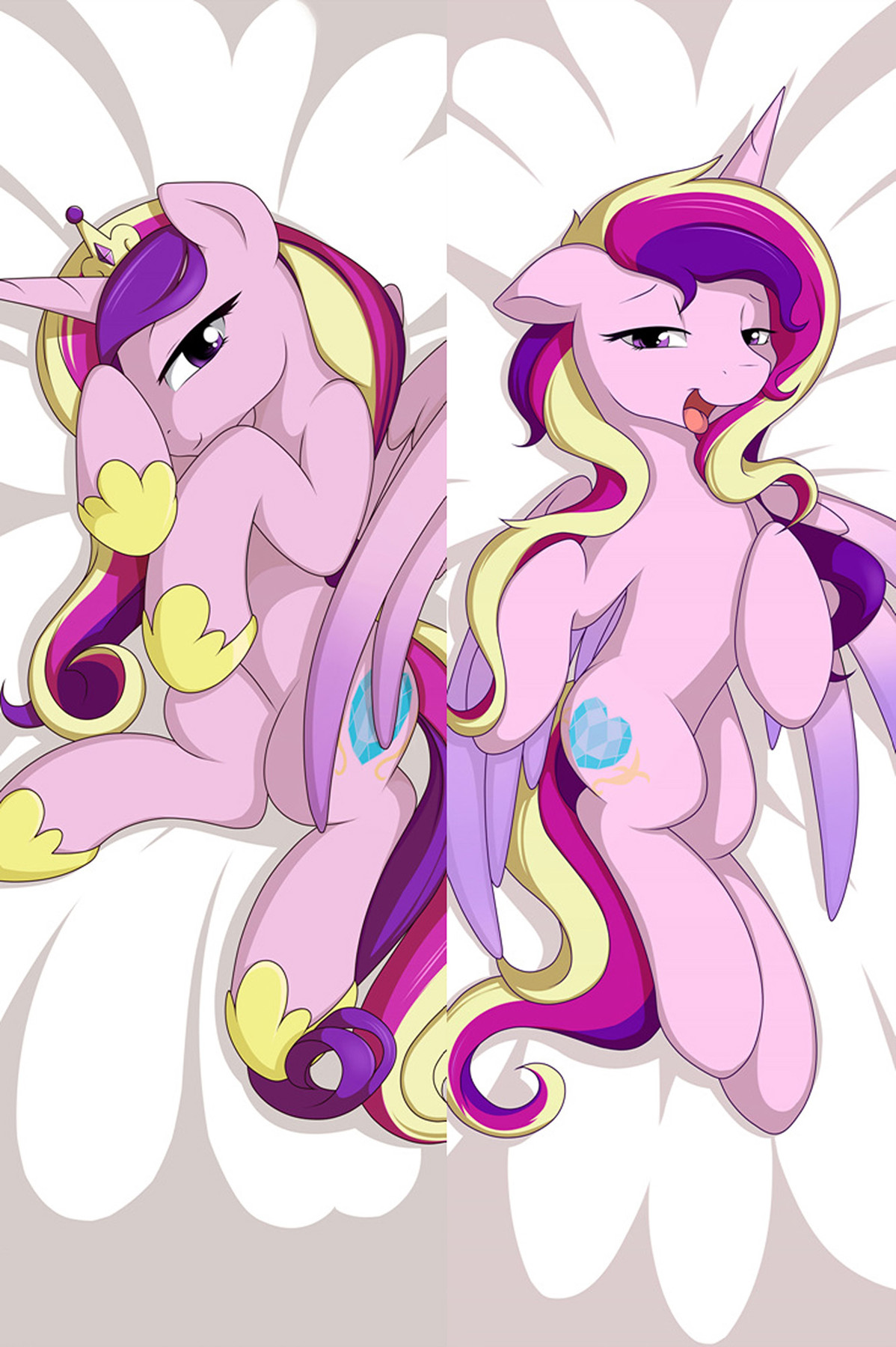 Cadance als rosa Pony mit mehrfarbiger Mähne und blauem Kristallherz auf einem Dakimakura-Bezug.