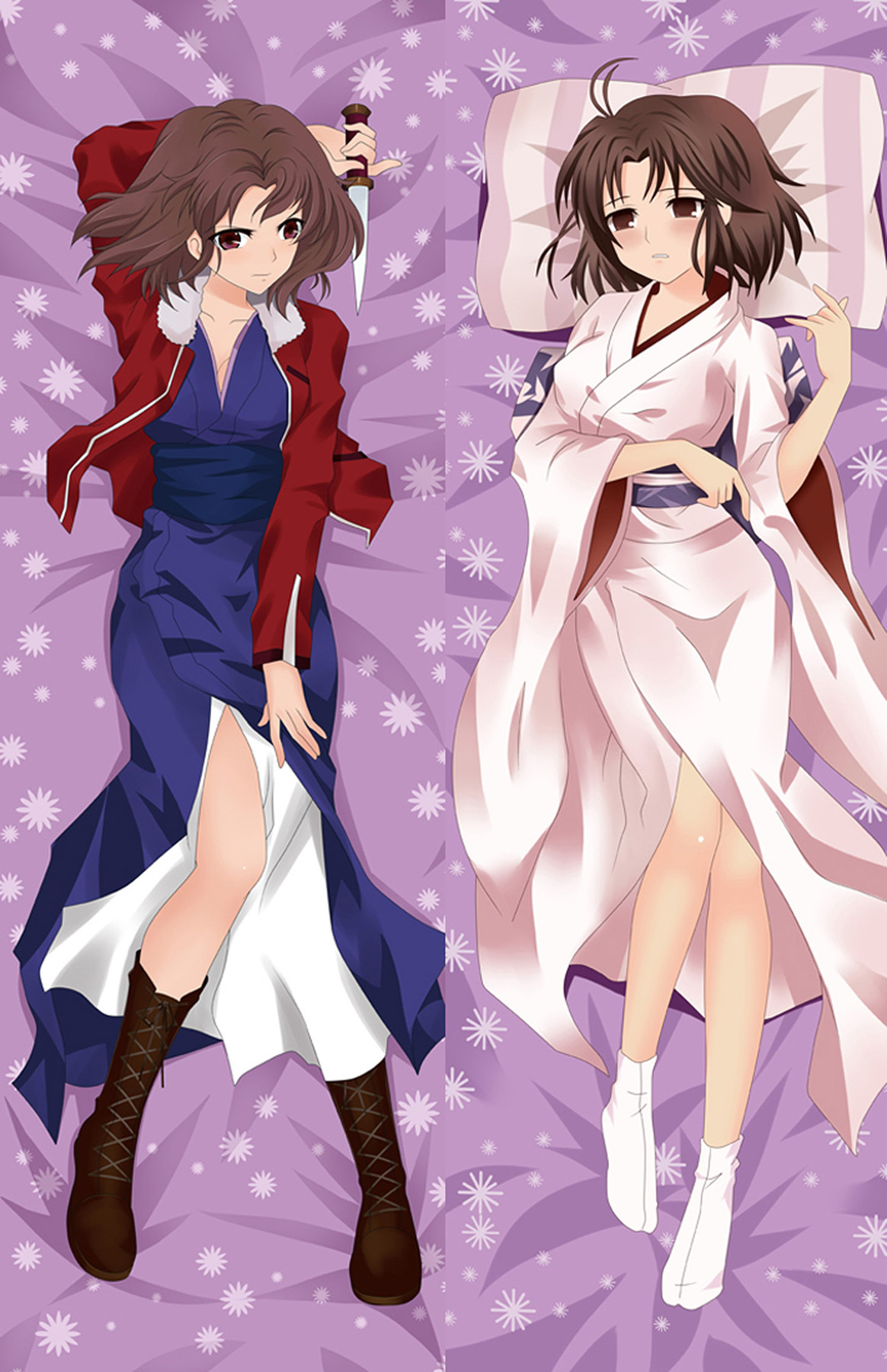 Dakimakura body pillow case design of Shiki Ryougi in a blue kimono with red jacket and a white kimono