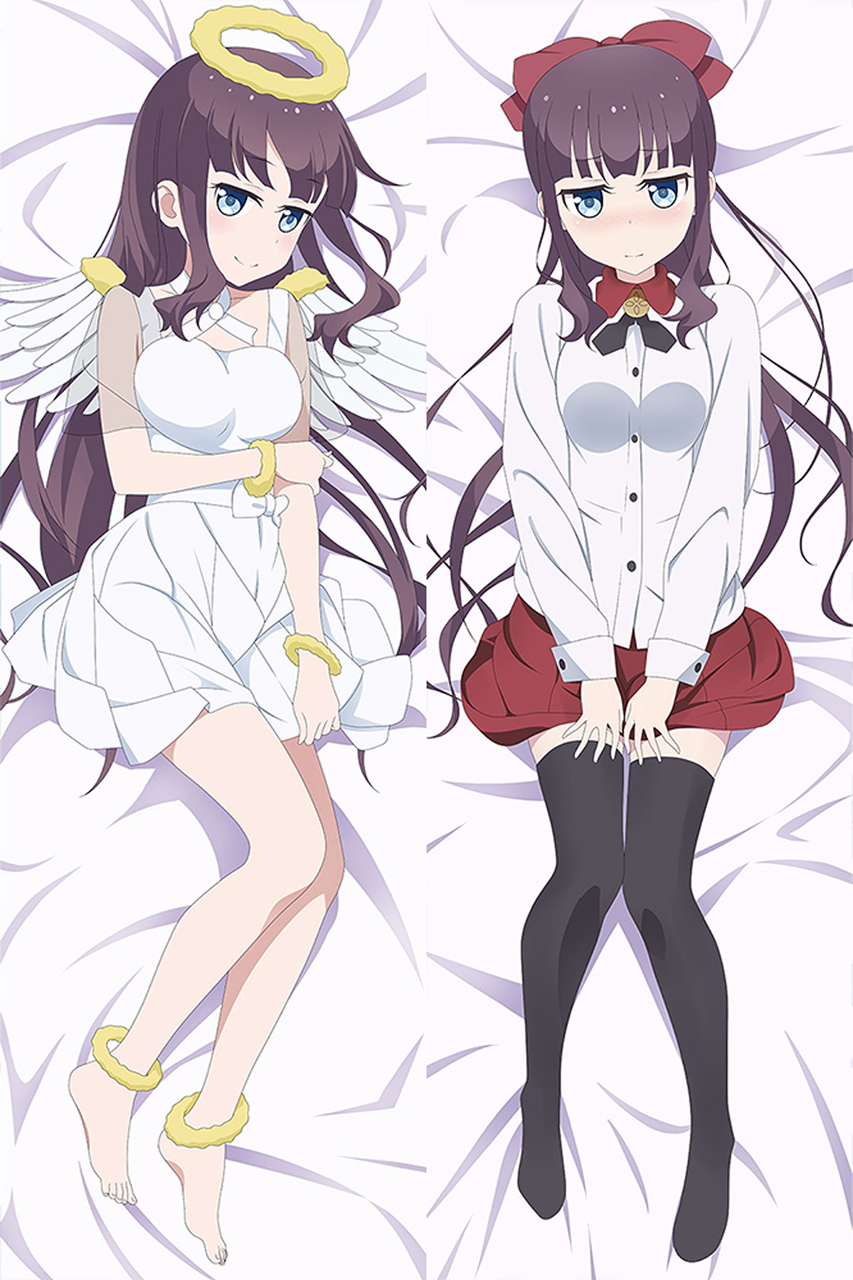 Zweiseitiges Hifumi Takimoto Dakimakura-Motiv mit weißem Engelskostüm, goldenem Heiligenschein, weißen Flügeldekorationen und rotem Rock.