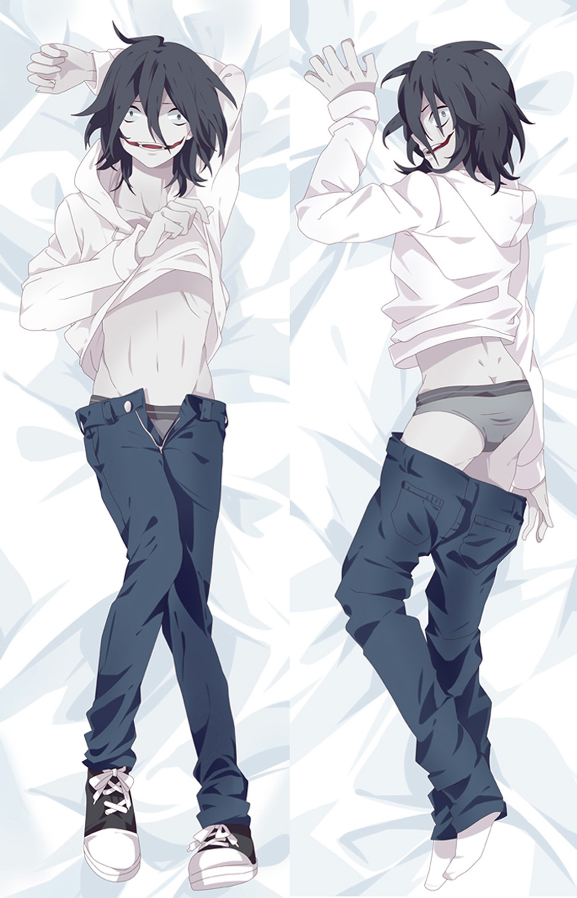 Jeff The Killer Dakimakura-Bezug mit weißem Hoodie, blauen Jeans und rotem Grinsen