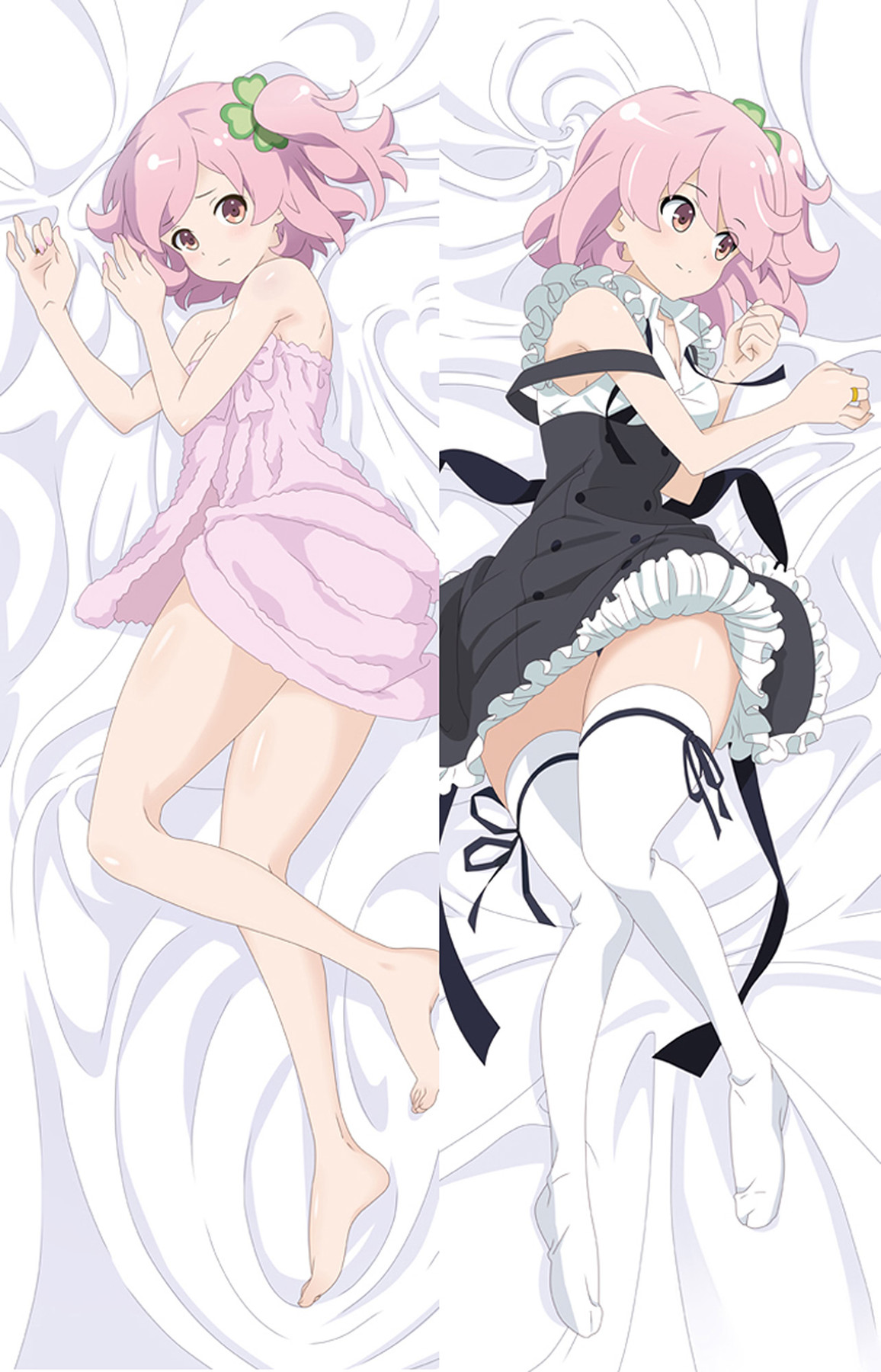 Riri dakimakura artwork with pink hair, a green clover and black and white frills.