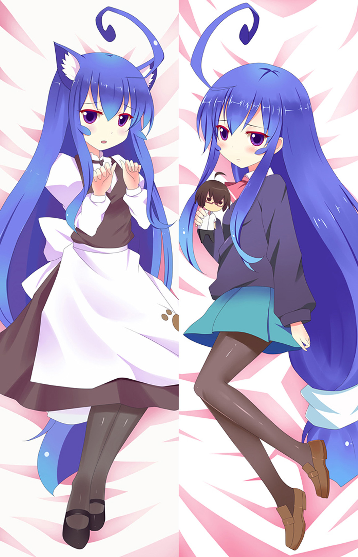 Dakimakurahoes met Tsumiki Miniwa in een schortjurk en een trui met turquoise rok