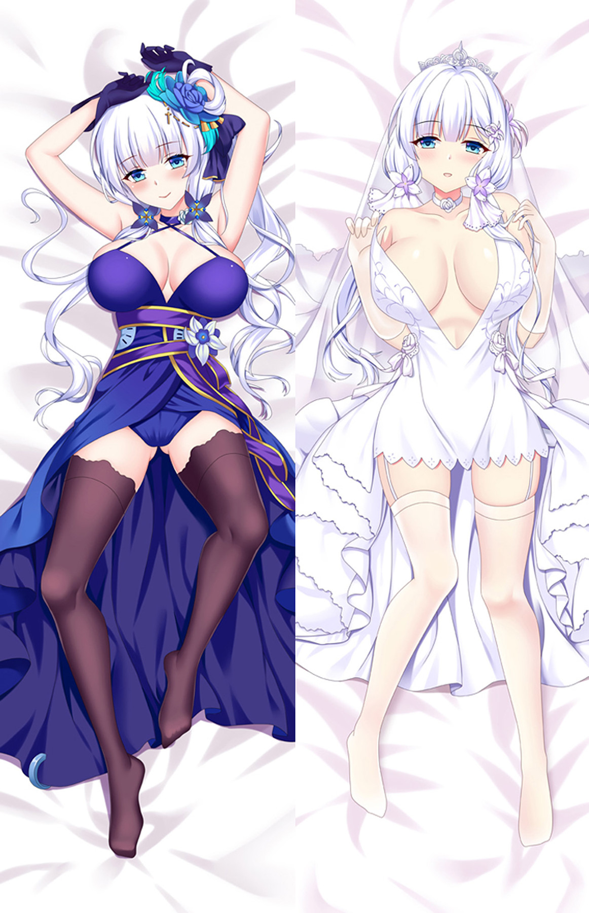 Ontwerp voor een Illustrious dakimakurahoes (Azur Lane), met koningsblauwe en gouden outfit in de ene pose en witte bruidsoutfit met sluier en tiara in de andere.