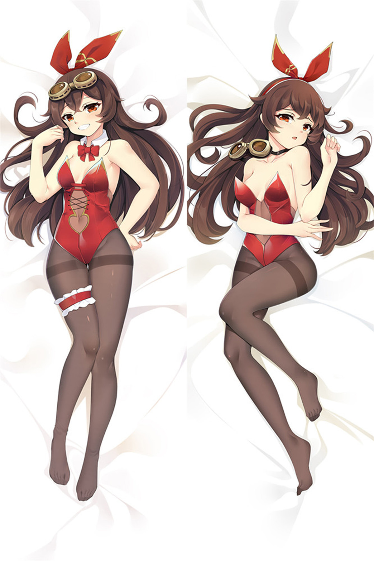 Amber dakimakura artwork with brown hair, a red bodysuit and dark tights.
