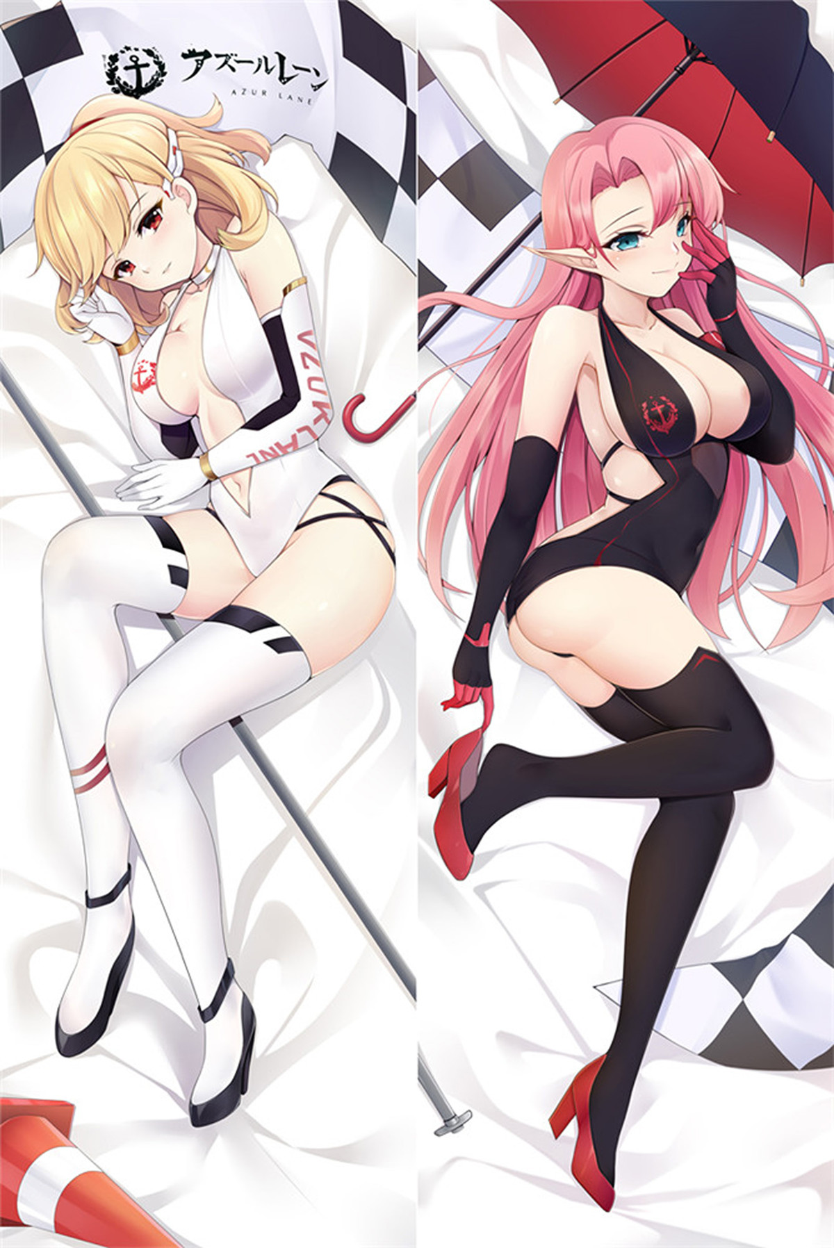 Prince of Wales and Duke of York dakimakura body pillow case, white and black-and-red bodysuits, gloves, heels and an umbrella.