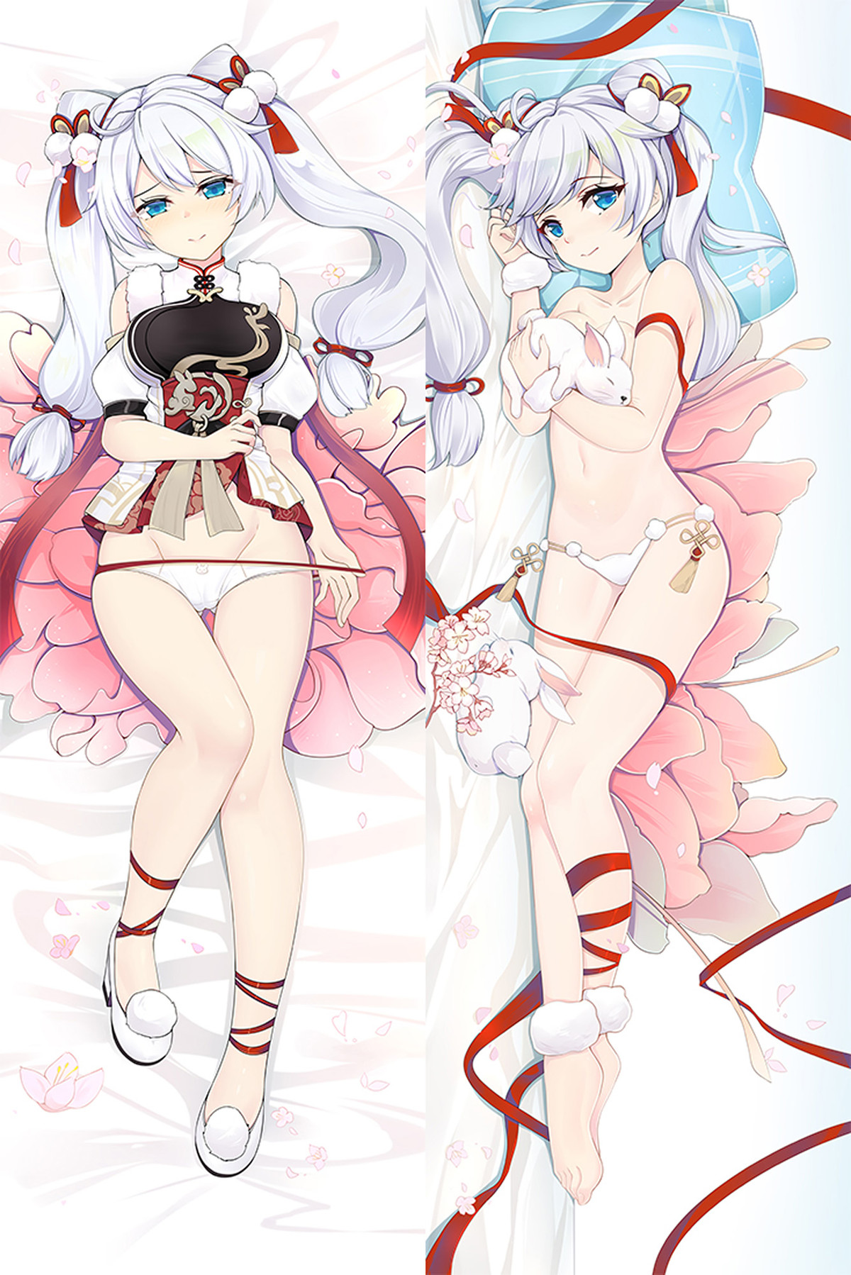 Kiana Kaslana dakimakura artwork with white twin tails, red ribbons and a white rabbit plush.