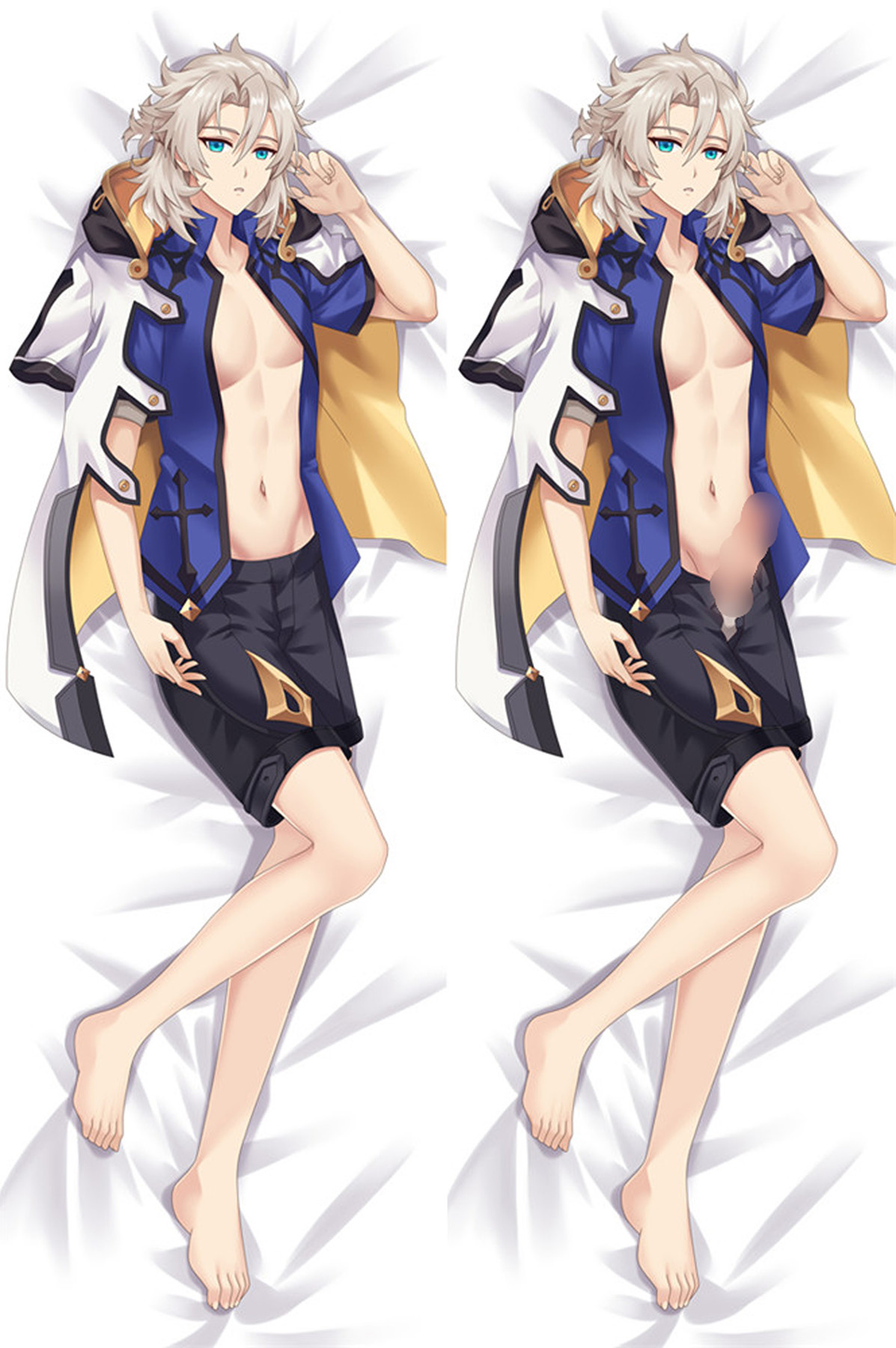 Albedo dakimakura artwork: an open white-and-gold coat and blue details.