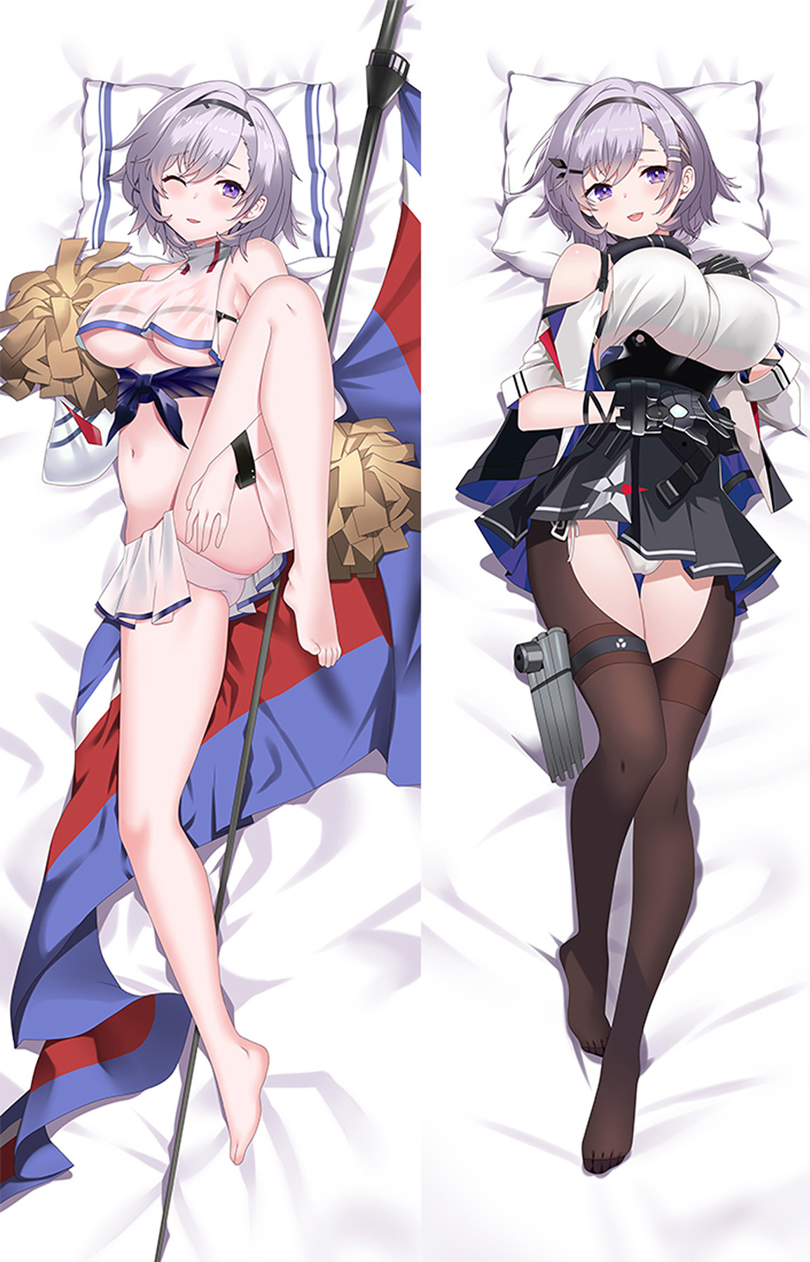 Reno dakimakura artwork: a cheer outfit and black-and-white uniform.