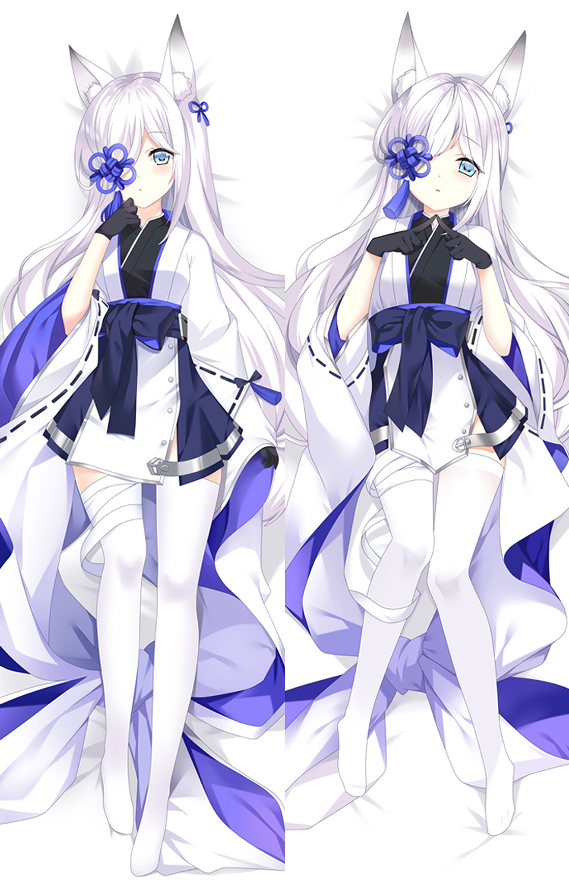 Motif de dakimakura Kasumi avec kimono blanc et bleu marine, doublure bleue, larges manches, grand nœud et ornement noué bleu