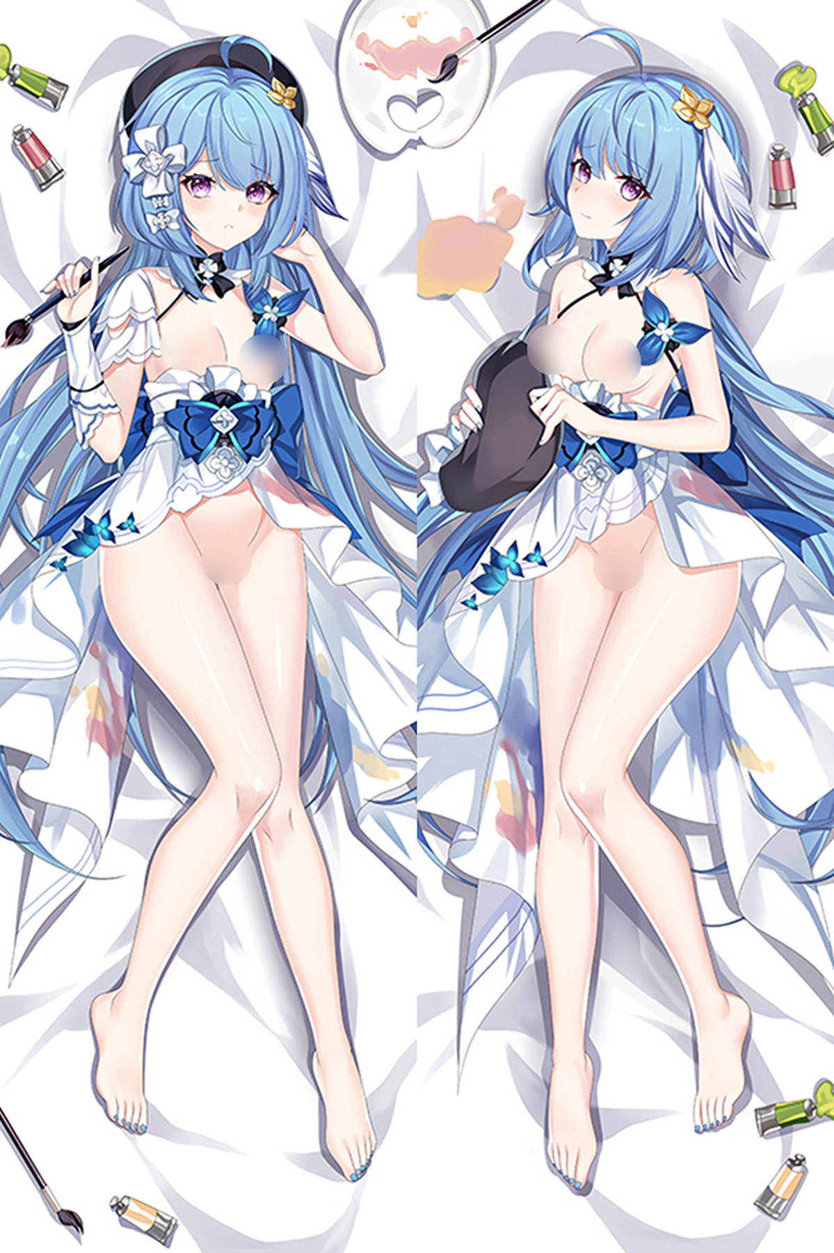 Illustration de Griseo sur une housse dakimakura: De longs cheveux bleus, des yeux violets, un béret sombre et une tenue bleue et blanche fleurie accompagnent un pinceau, une palette et des tubes de peinture.