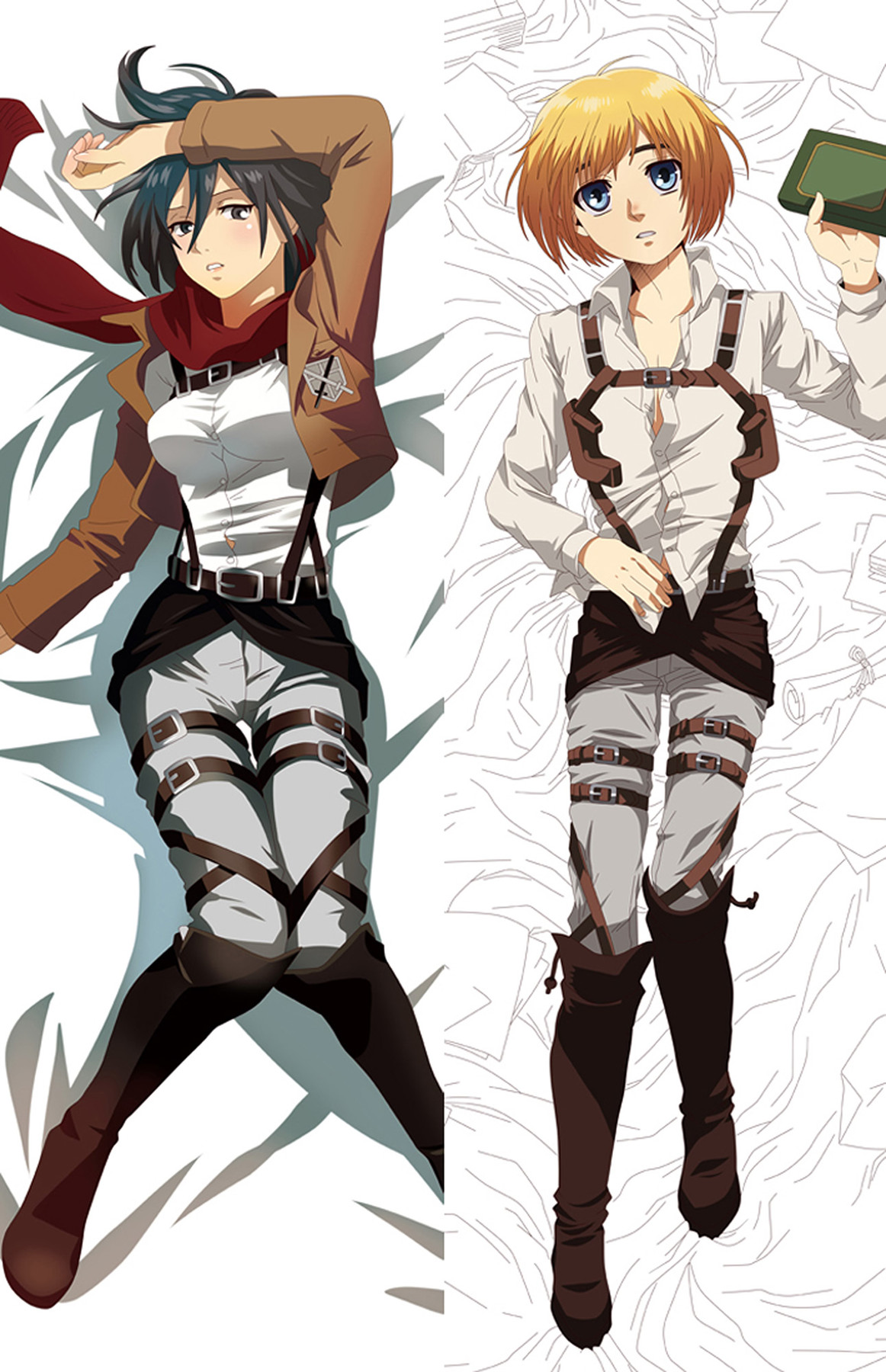Armin & Mikasa : Uniformes et écharpe rouge sur une housse dakimakura.