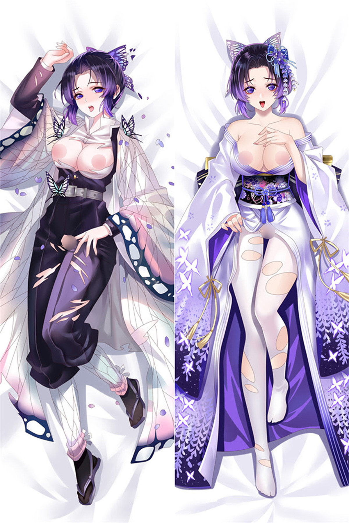Shinobu Kocho dakimakurahoes met vlinderornamenten, een lichte haori en lavendelkleurige kimono (voorbeeld)