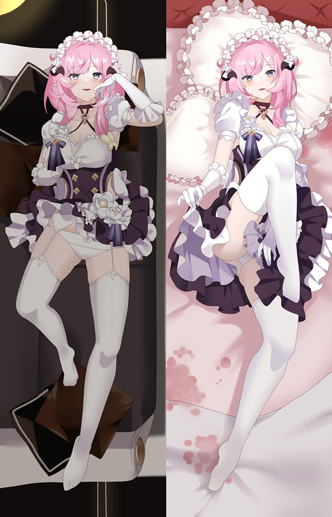 Elysia dakimakura artwork with pink hair, pointed ears, a purple-and-white maid outfit, white gloves and stockings, and a pink heart pillow.