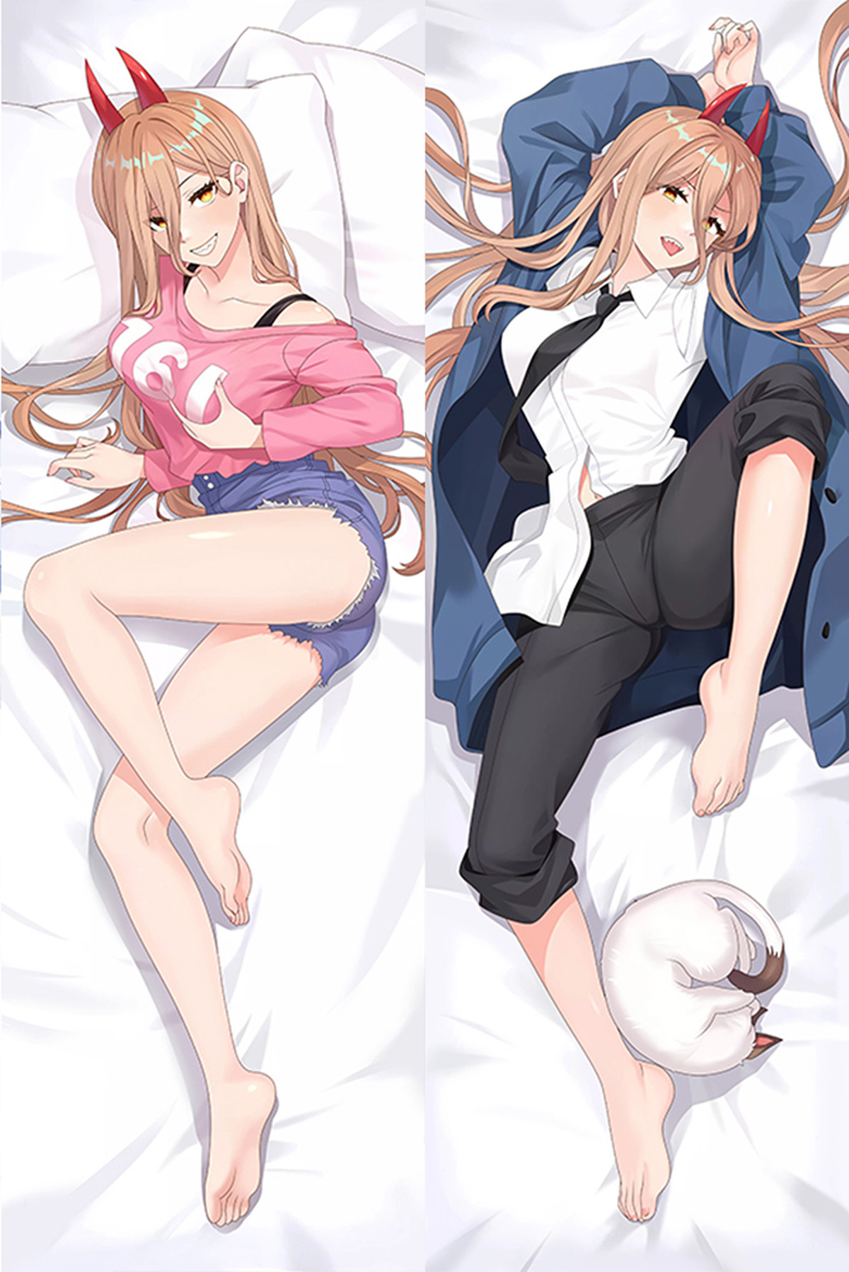 Ilustración de Power para dakimakura por ambos lados: top corto rosa y pantalones cortos vaqueros, con camisa blanca, corbata negra y chaqueta azul al reverso.