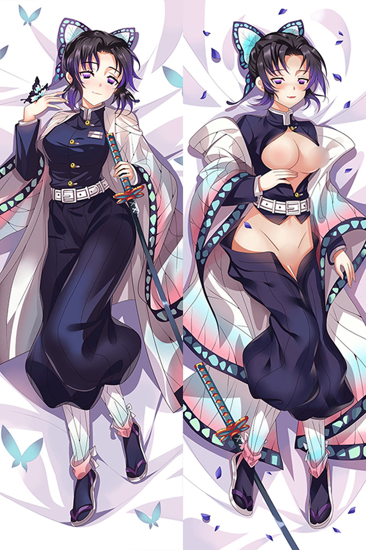 Beidseitige Dakimakura-Illustration von Shinobu Kocho mit dunkler Uniform, weißem Gürtel, hellem Haori mit Schmetterlingsmuster und Schwert in der Scheide; zensierte Vorschau.