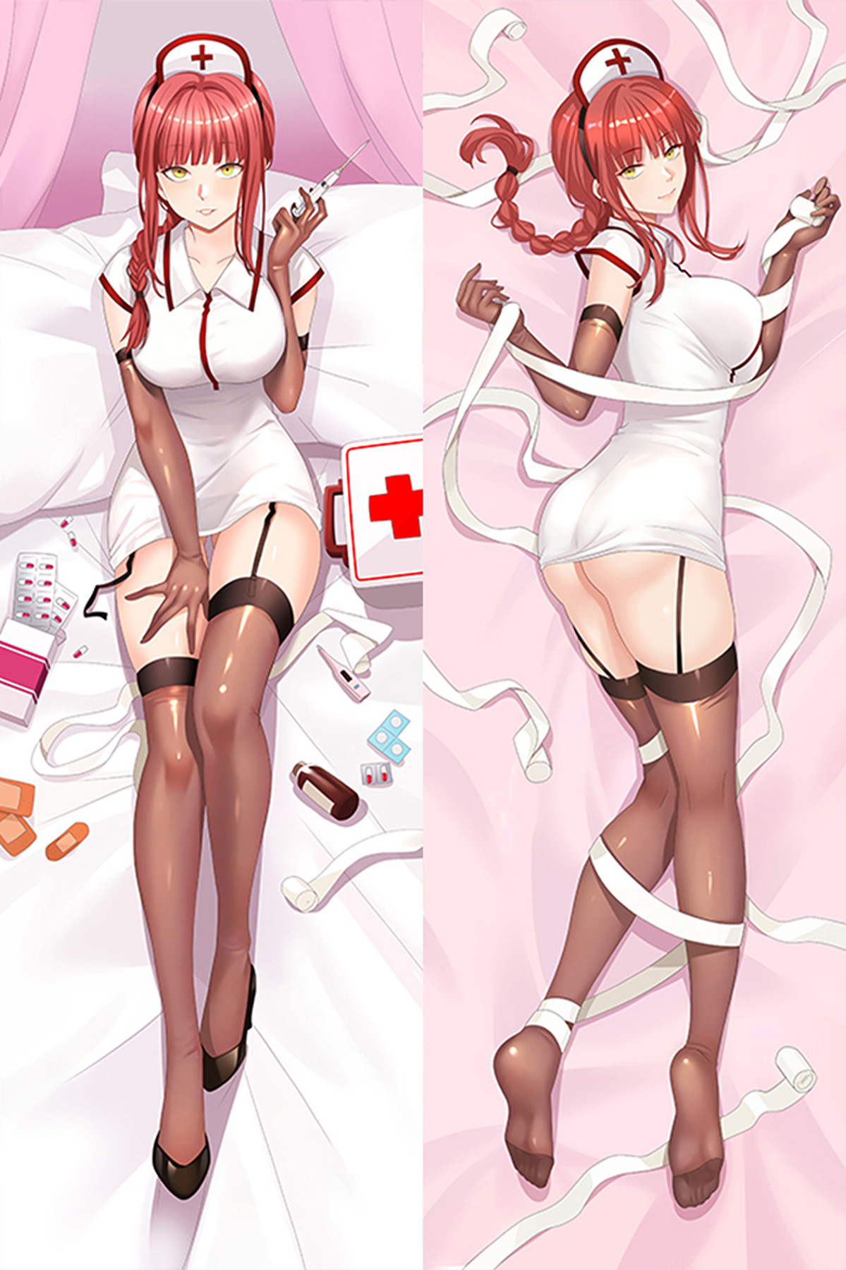 Makima dakimakura artwork with a white and red nurse costume, red braid, brown gloves and medical props on a pink background.