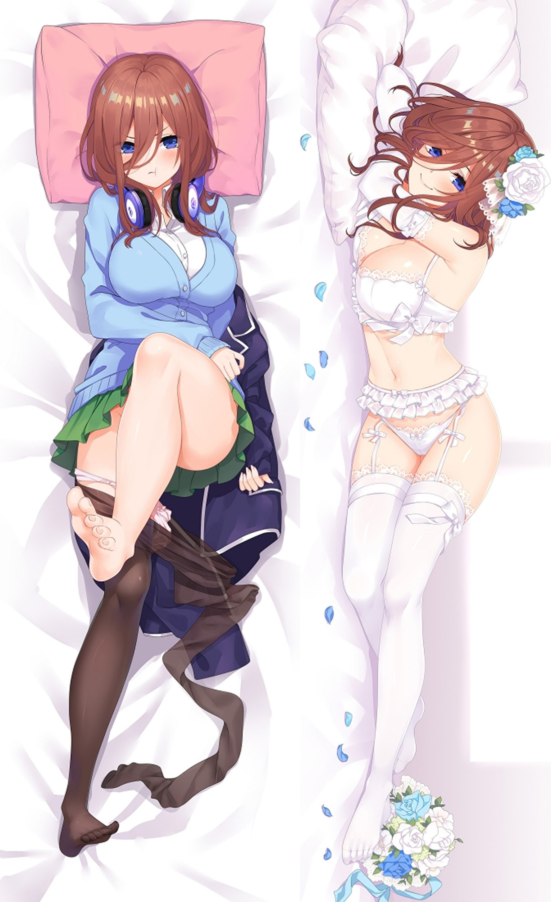 Miku Nakano dakimakura body pillow case with a blue cardigan, bridal lingerie and blue-white flowers.