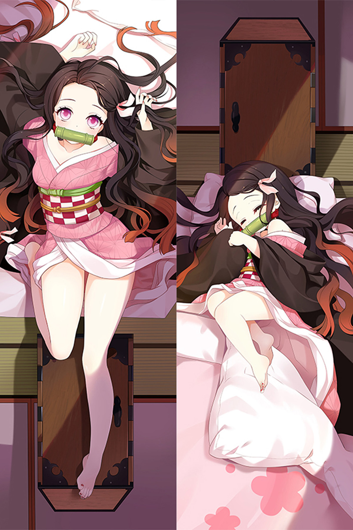Nezuko sur une housse de dakimakura, en kimono rose avec son bambou ; au verso, elle dort sous une couverture près d’une boîte en bois.