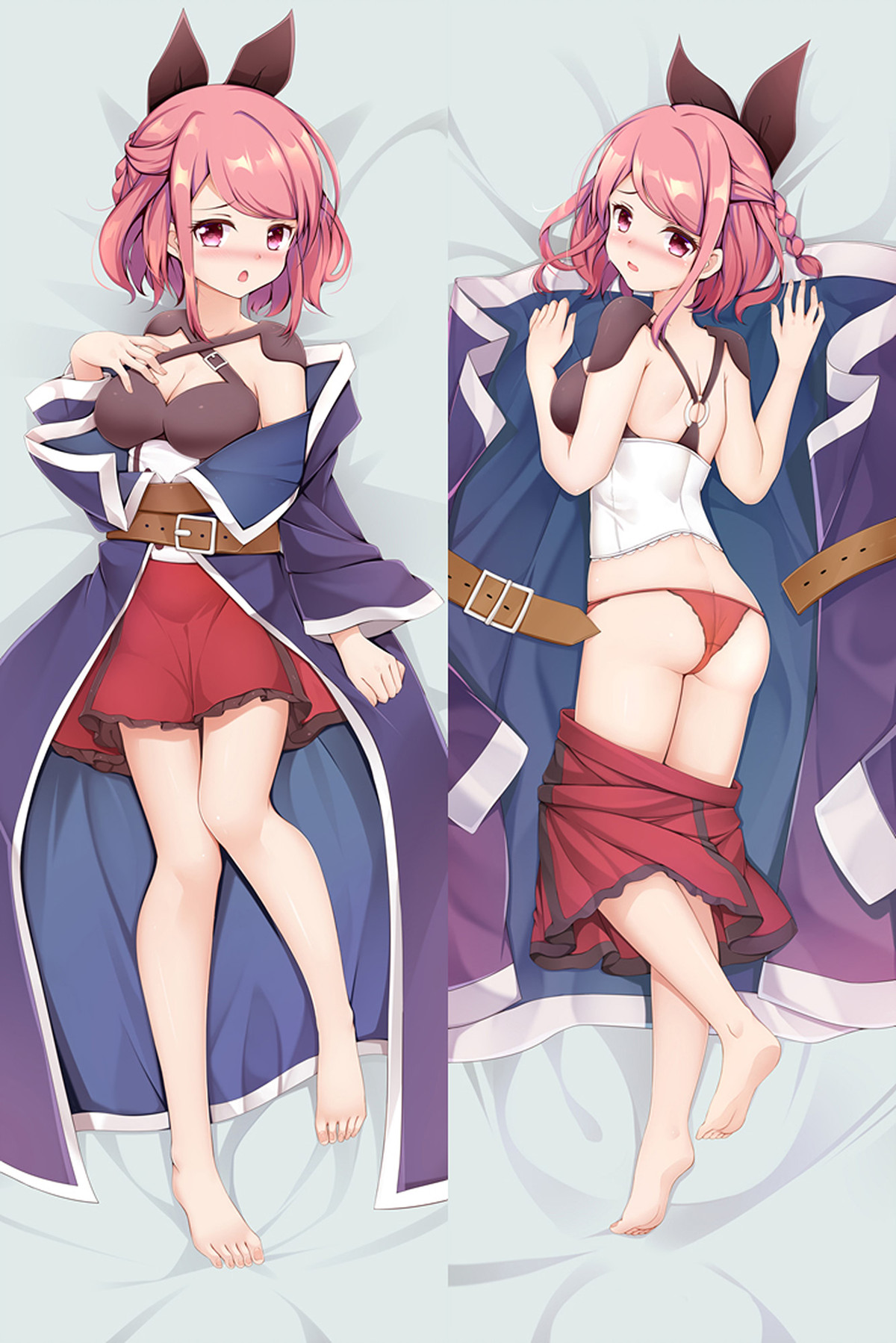 Satsuki Usui dakimakura artwork: A pink bob with a side braid, pink eyes and a large dark bow accompany a blue-purple coat with white trim, dark top, white corset and red skirt.