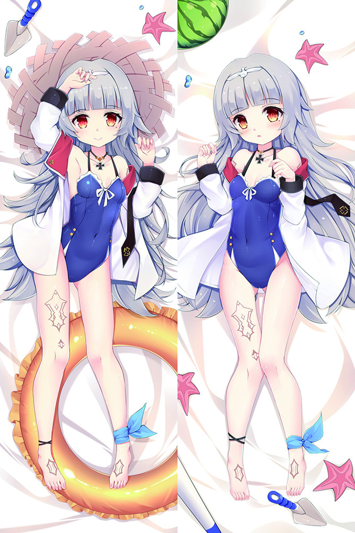 Z46 artwork with a blue swimsuit, white coat and orange float ring