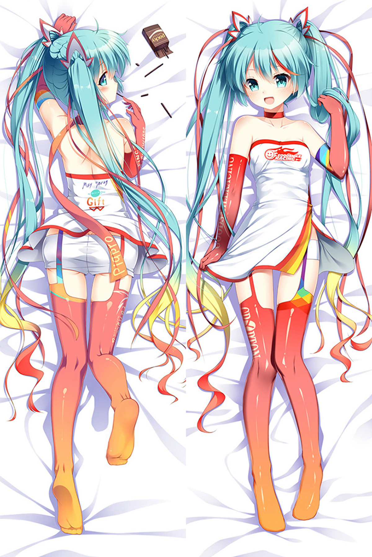 Hatsune Miku body pillow case artwork showing a white racing outfit, red gloves, colourful ribbons and teal twin-tails from front and back.